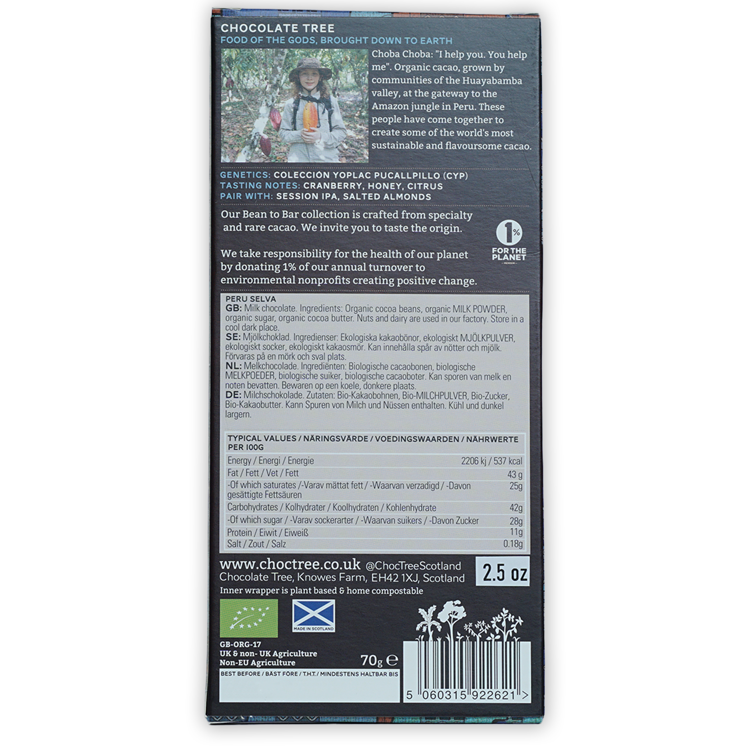 Chocolate Tree Dark Milk Peru Selva 60% organic cacao bar with matte packaging