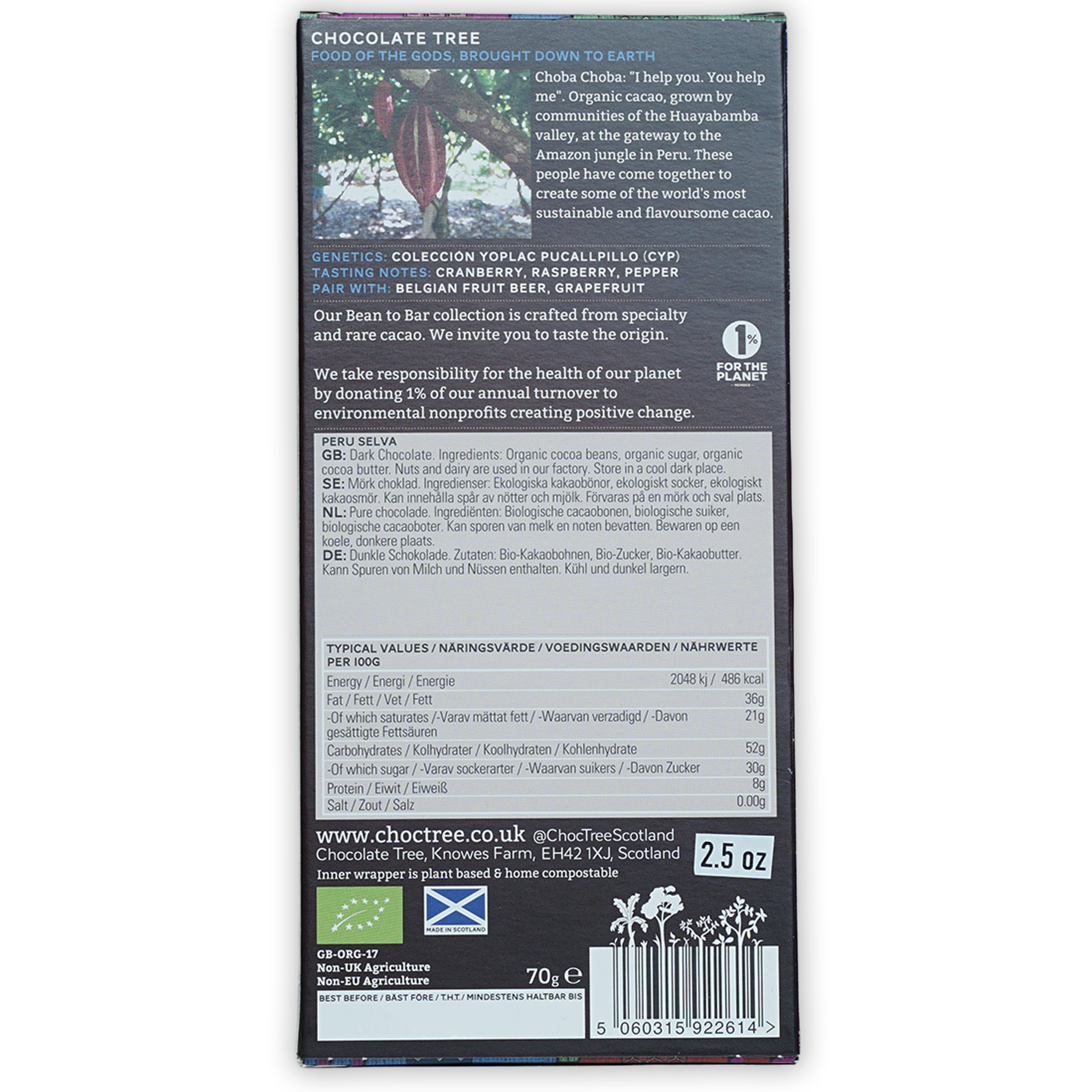 Chocolate Tree Dark Peru Selva 70% bar in matte black wrapper