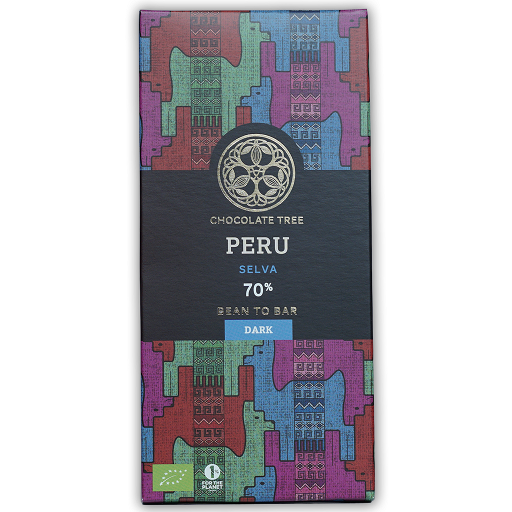 Chocolate Tree Dark Peru Selva 70% bar in colorful geometric wrapper