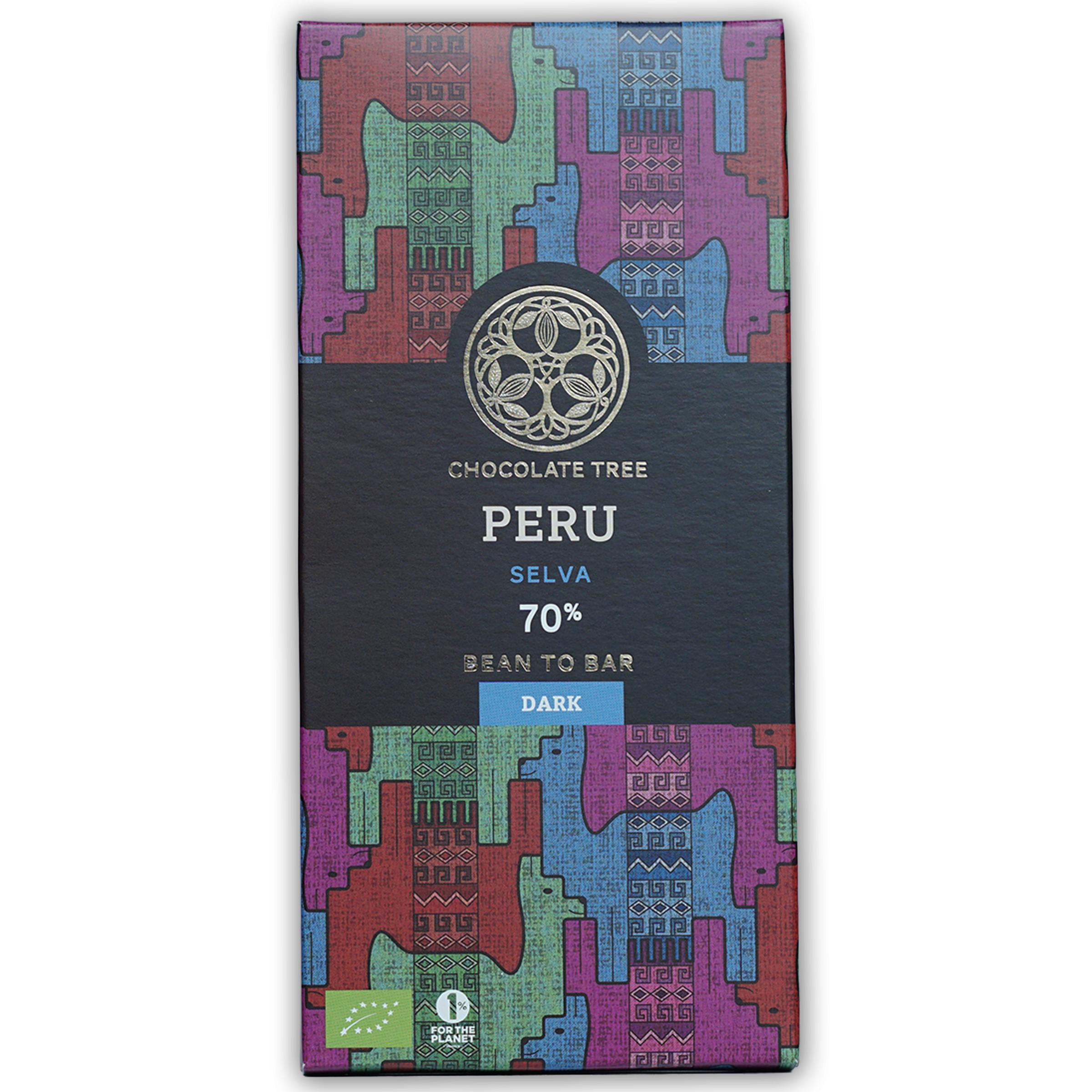 Chocolate Tree Dark Peru Selva 70% bar in colorful geometric wrapper