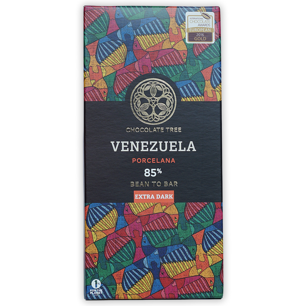 Chocolate Tree Venezuela Porcelana 85% extra dark bar wrapper with rainbow fish pattern