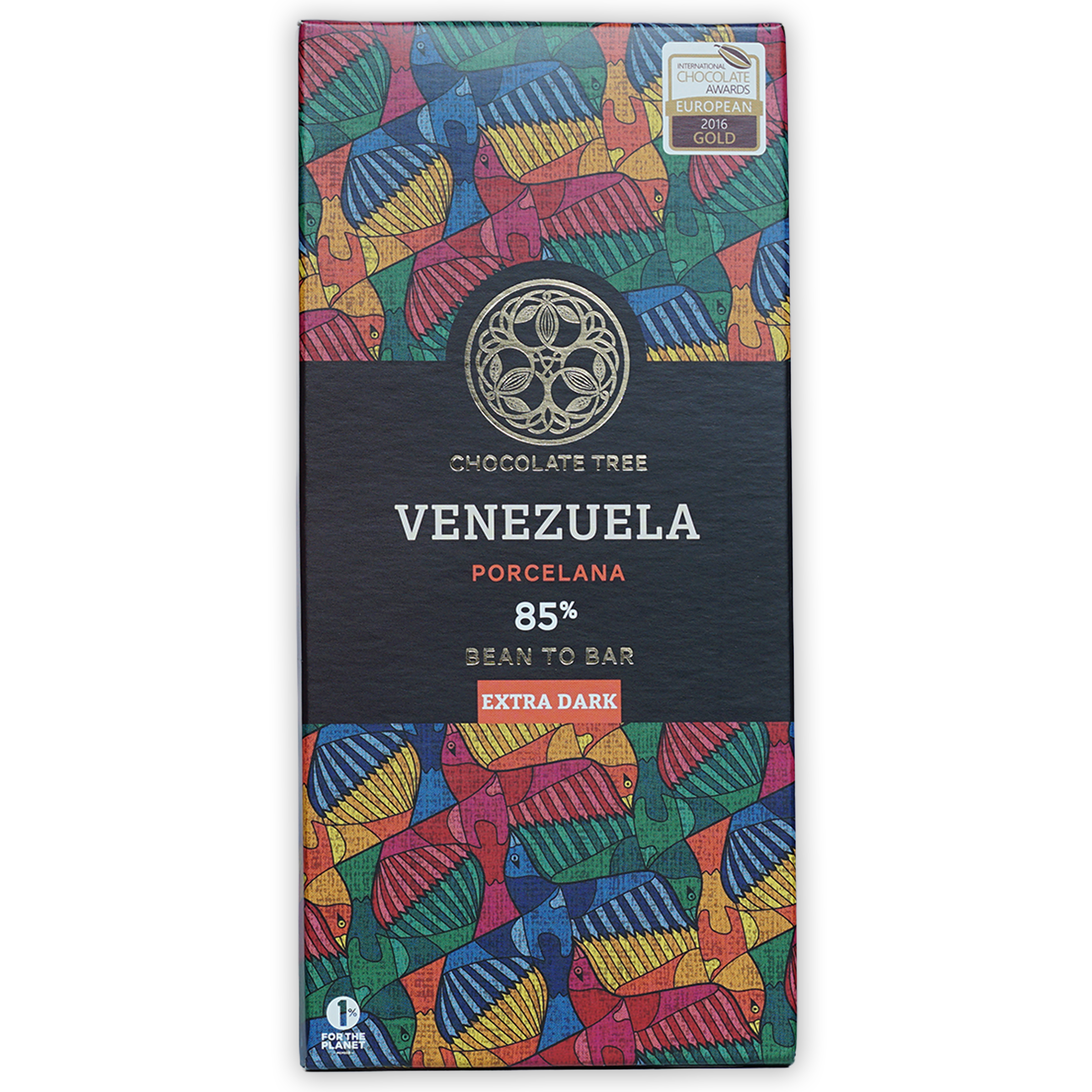 Chocolate Tree Venezuela Porcelana 85% extra dark bar wrapper with rainbow fish pattern