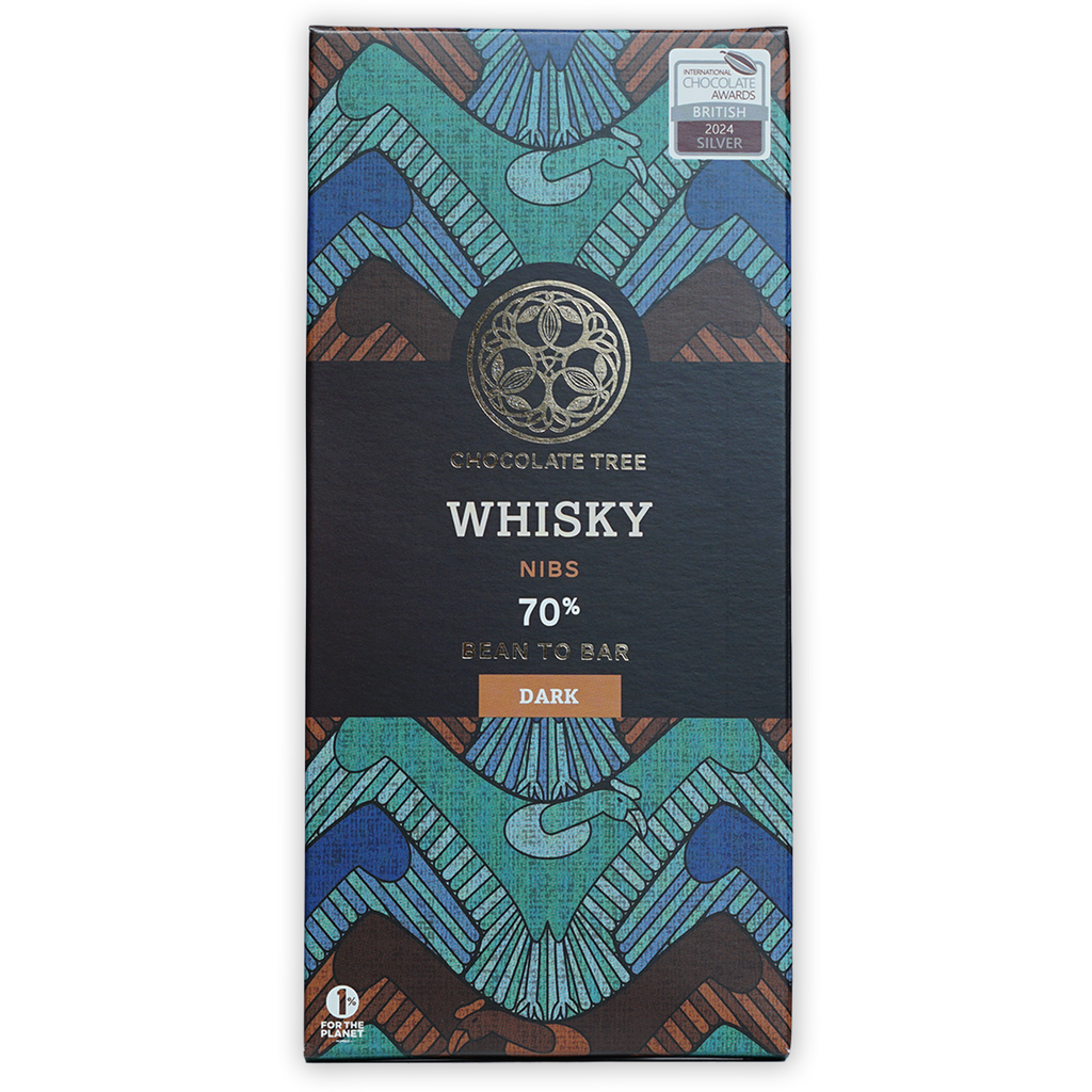 Chocolate Tree Dark Whisky Nibs 70% bar with teal geometric design