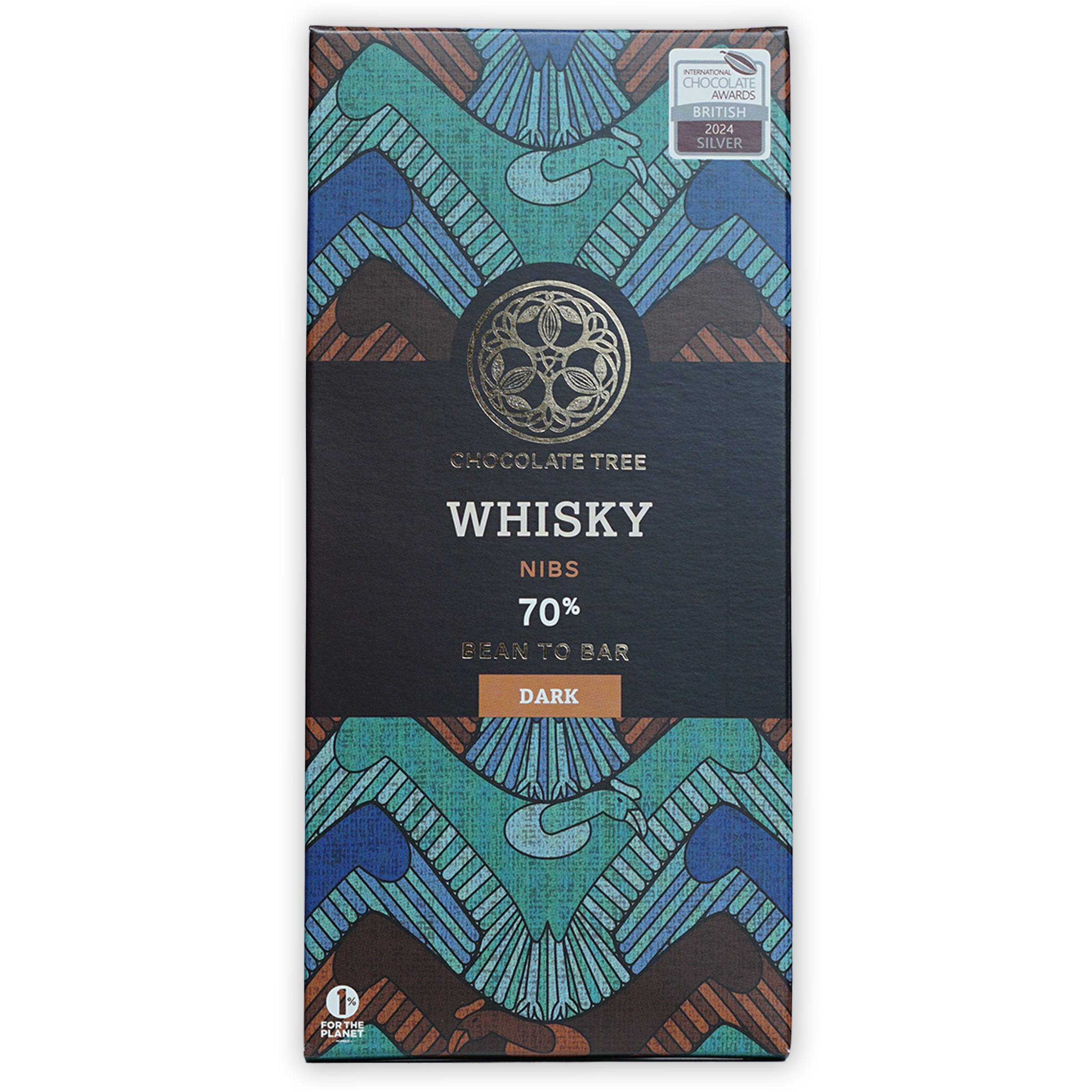 Chocolate Tree Dark Whisky Nibs 70% bar with teal geometric design