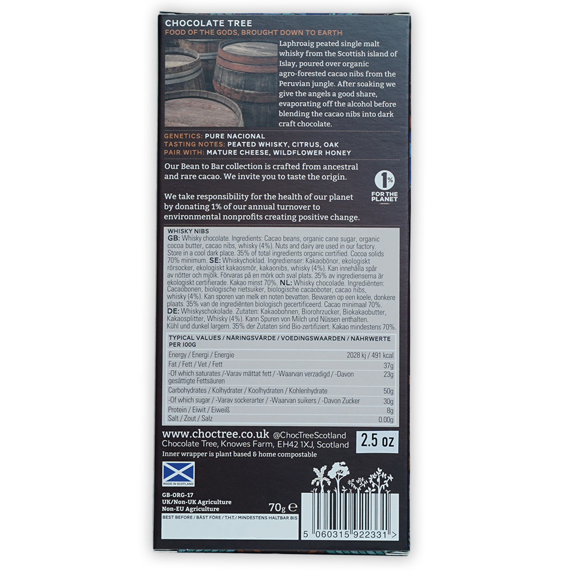 Chocolate Tree Dark Whisky Nibs 70% bar in sleek matte black box