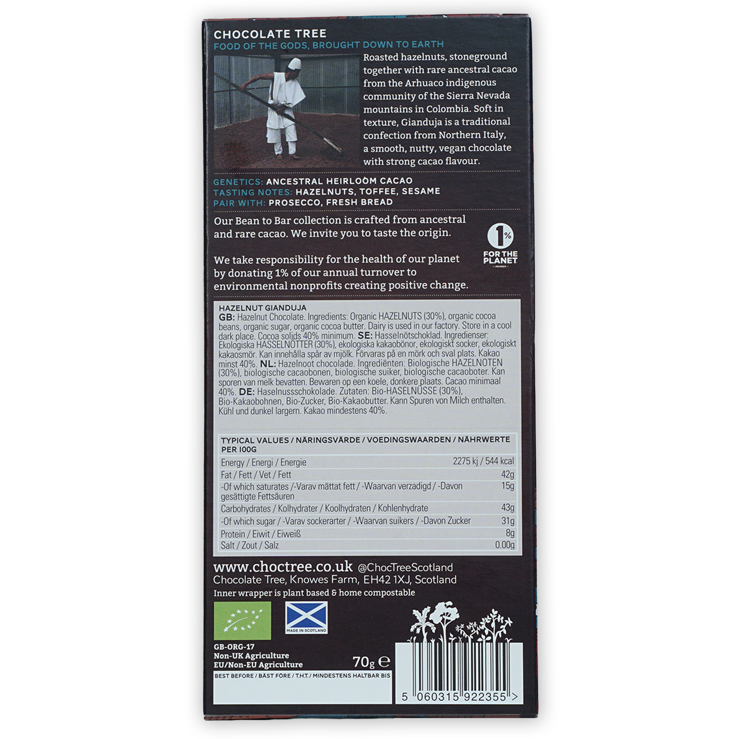 Back of Chocolate Tree Hazelnut Gianduja 40% dark chocolate bar packaging