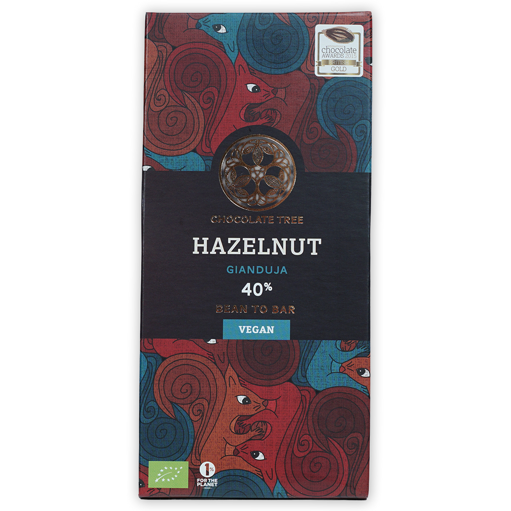 Chocolate Tree Hazelnut Gianduja 40% bean-to-bar chocolate bar with red blue animal wrapper