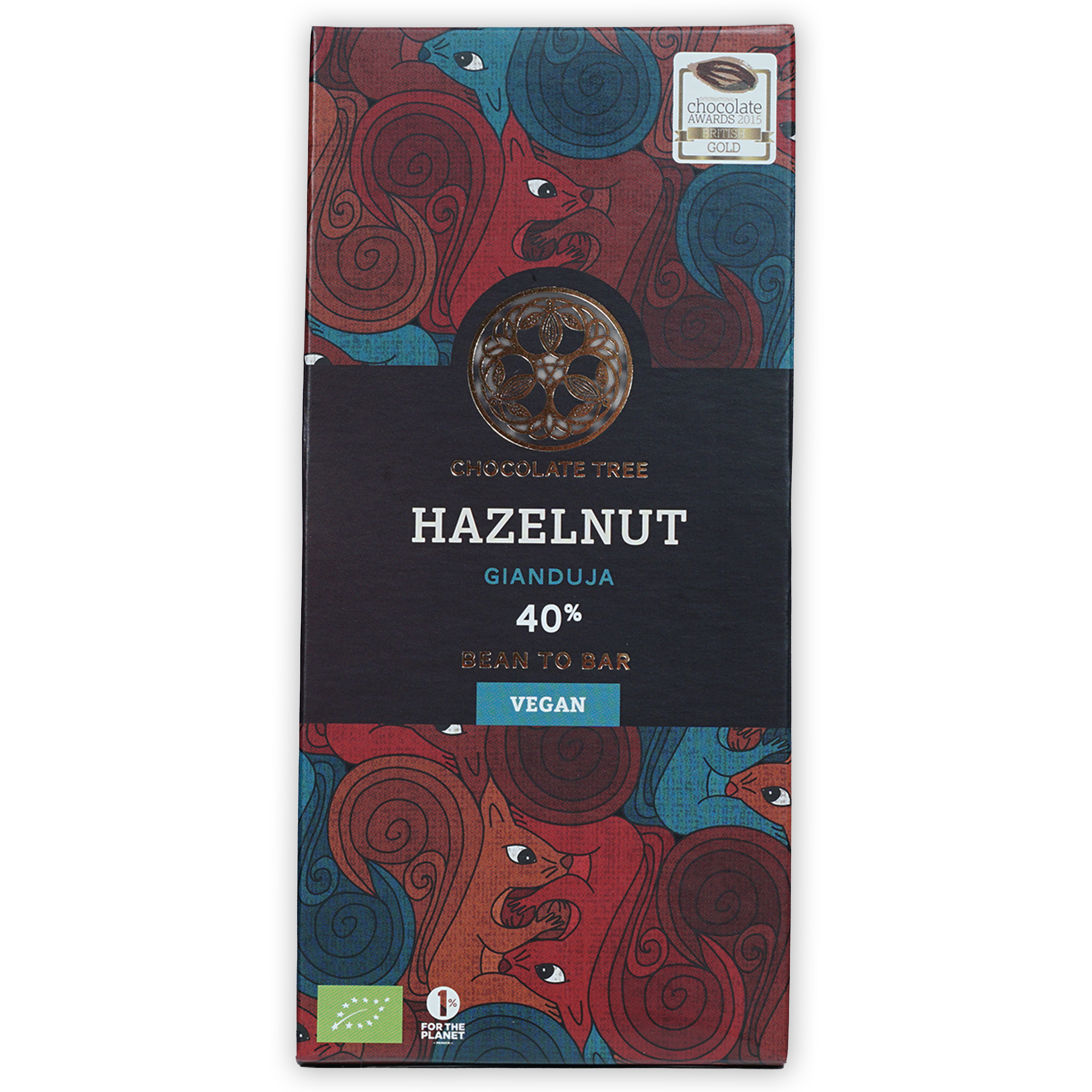Chocolate Tree Hazelnut Gianduja 40% bean-to-bar chocolate bar with red blue animal wrapper