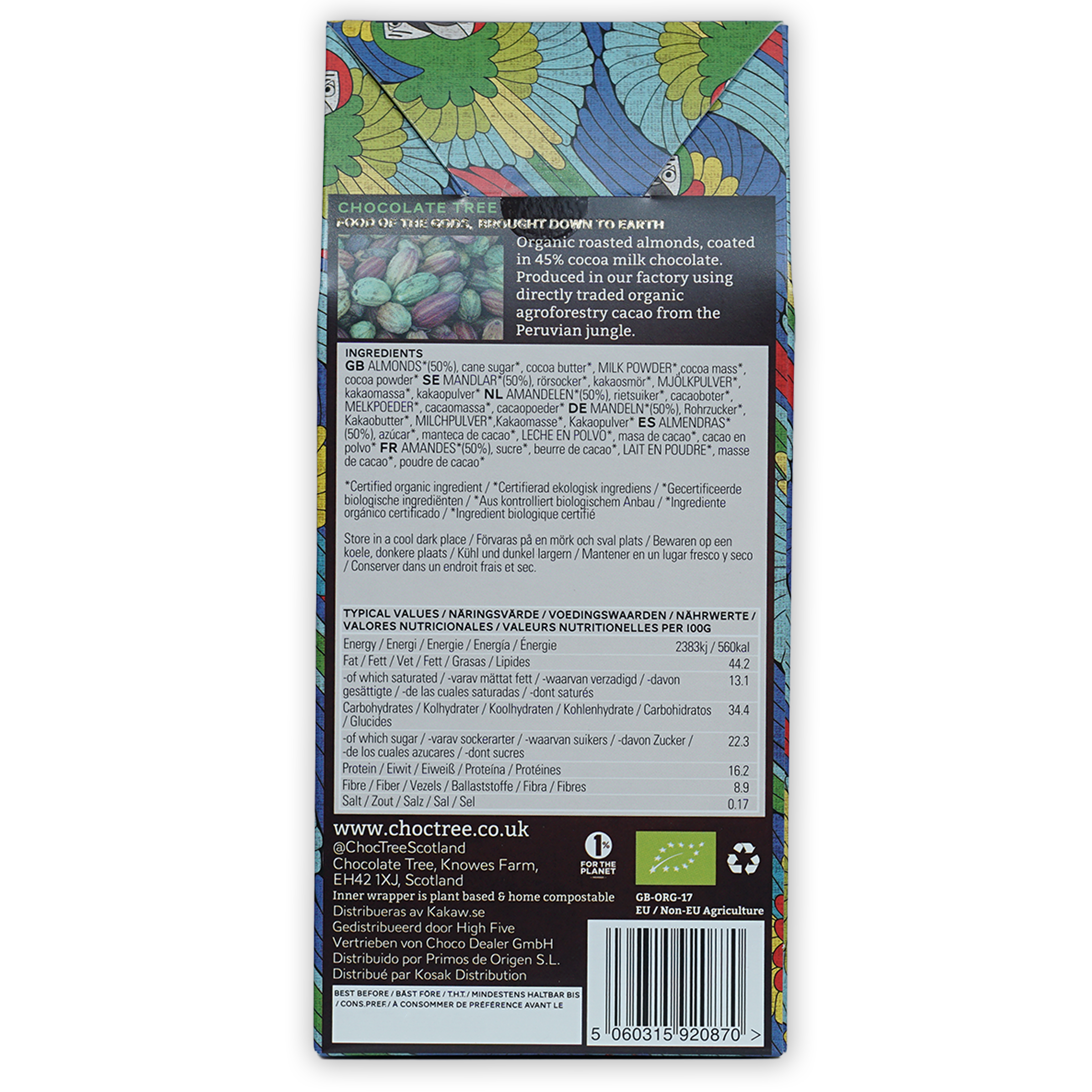 Chocolate Tree Milk Chocolate Covered Almonds with green blue nature wrapper