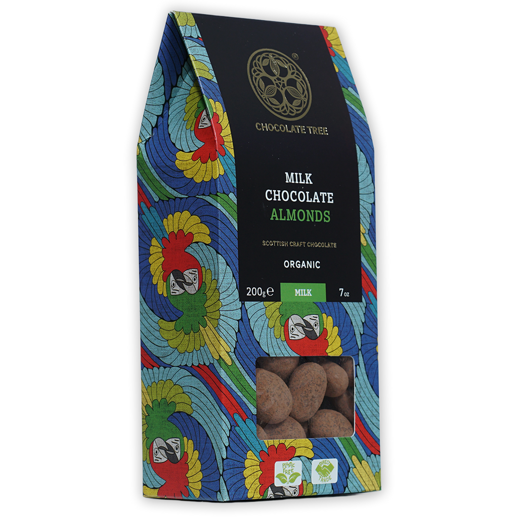 Chocolate Tree organic milk chocolate almonds with parrot design