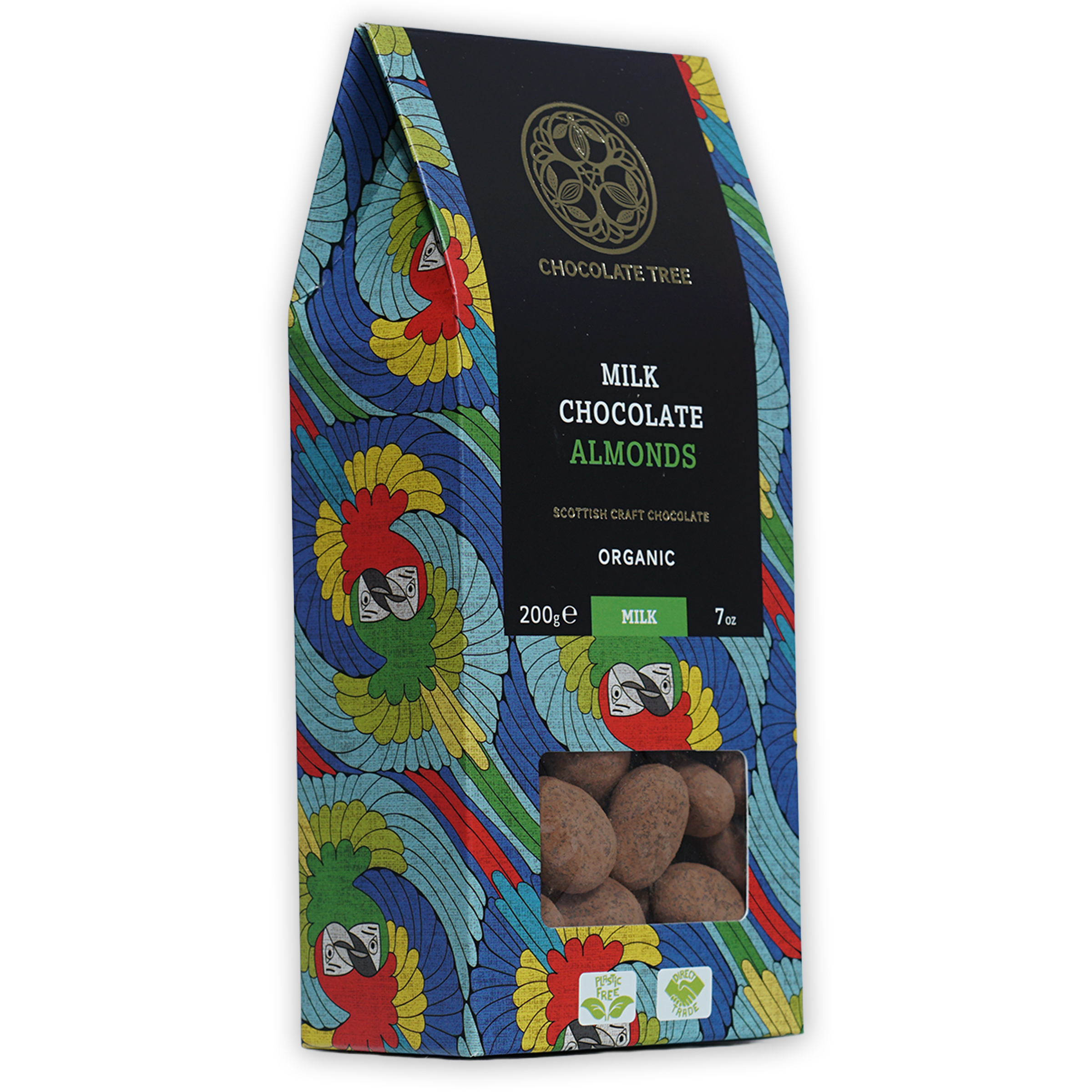 Chocolate Tree organic milk chocolate almonds with parrot design