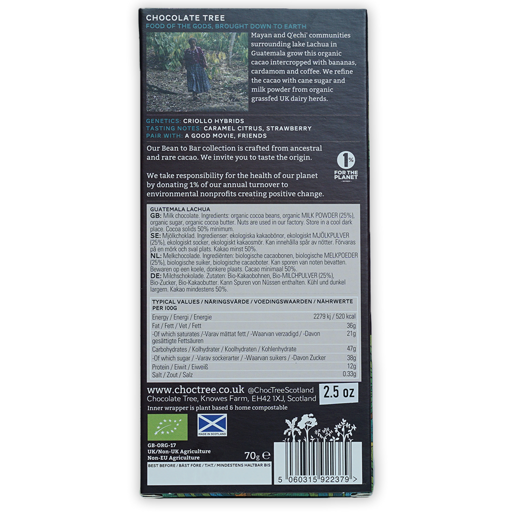 Back of Chocolate Tree Milk Guatemala 50% dark chocolate bar with matte finish, white and light green text