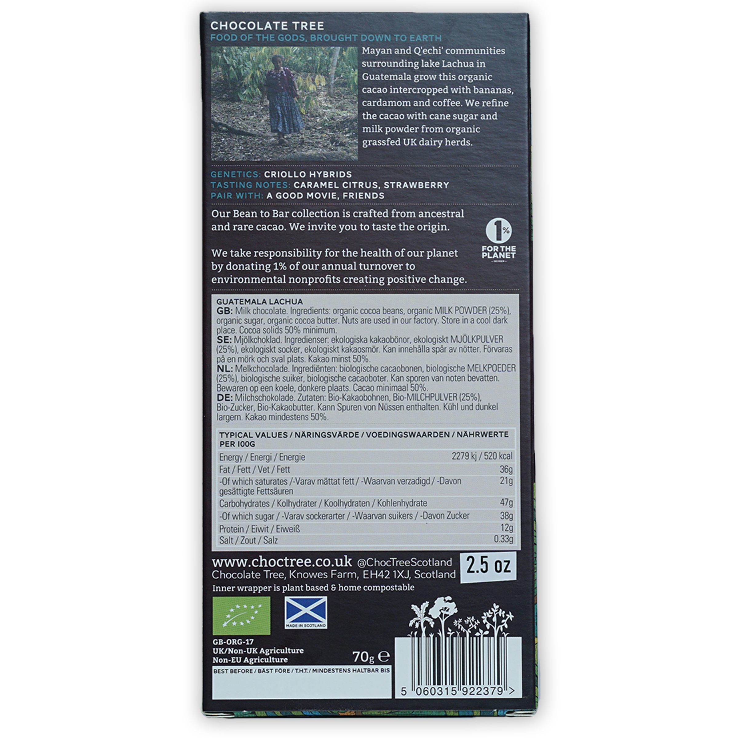 Back of Chocolate Tree Milk Guatemala 50% dark chocolate bar with matte finish, white and light green text