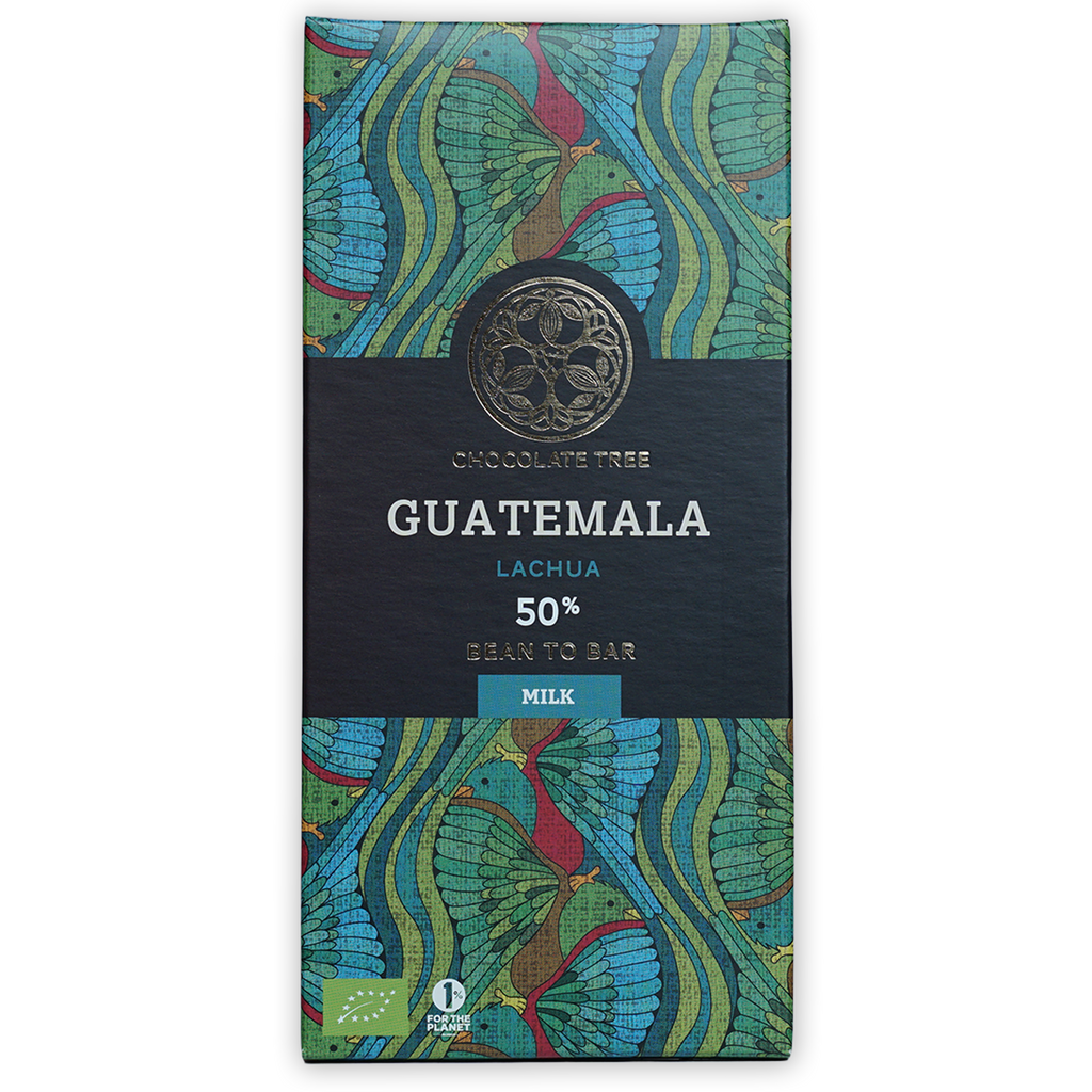 Chocolate Tree Guatemala Lachua 50% milk bar wrapper with teal birds
