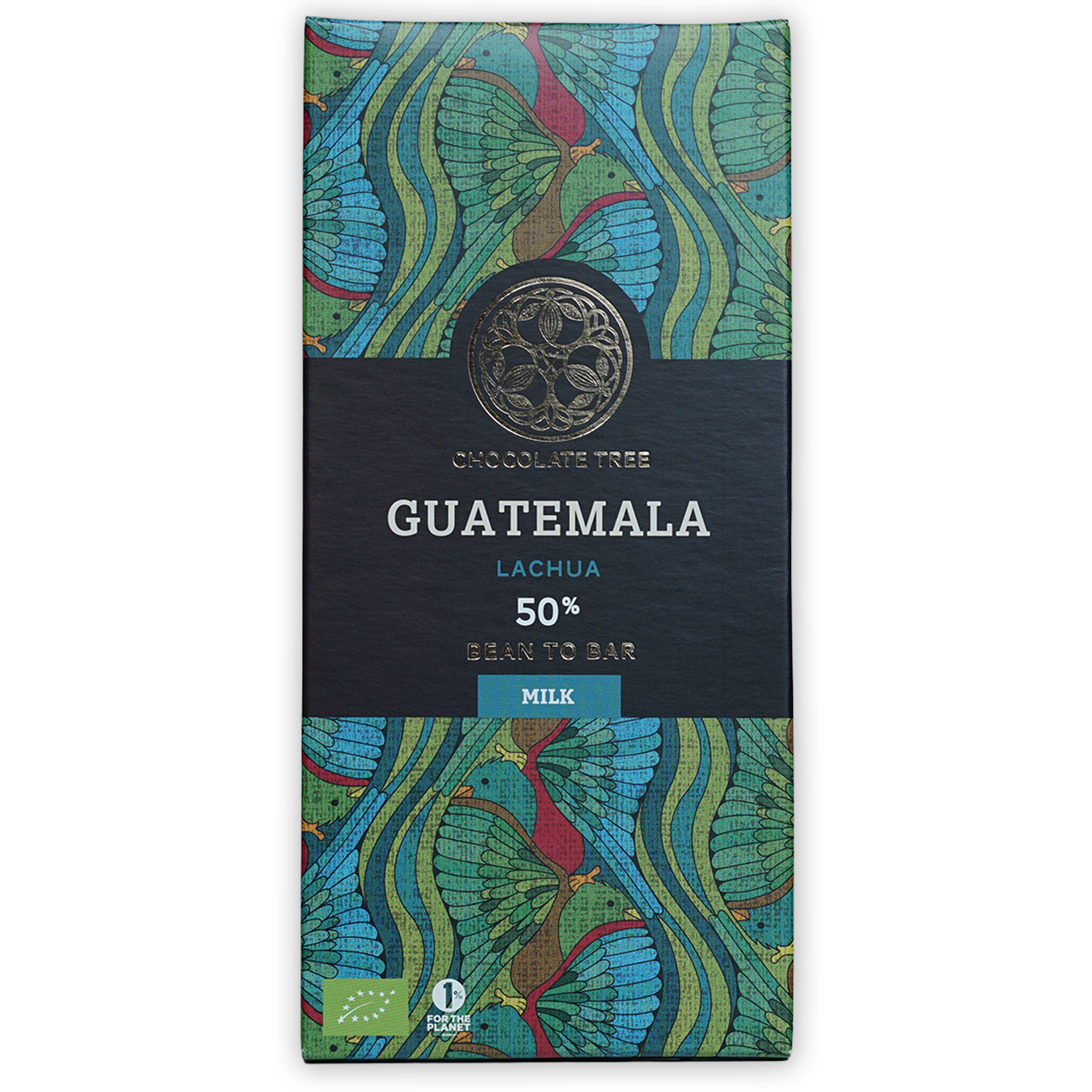 Chocolate Tree Guatemala Lachua 50% milk bar wrapper with teal birds