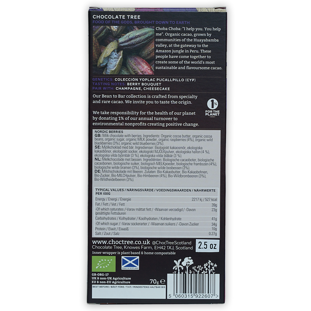 Chocolate Tree Milk w/ Nordic Berries 50% dark chocolate bar packaging