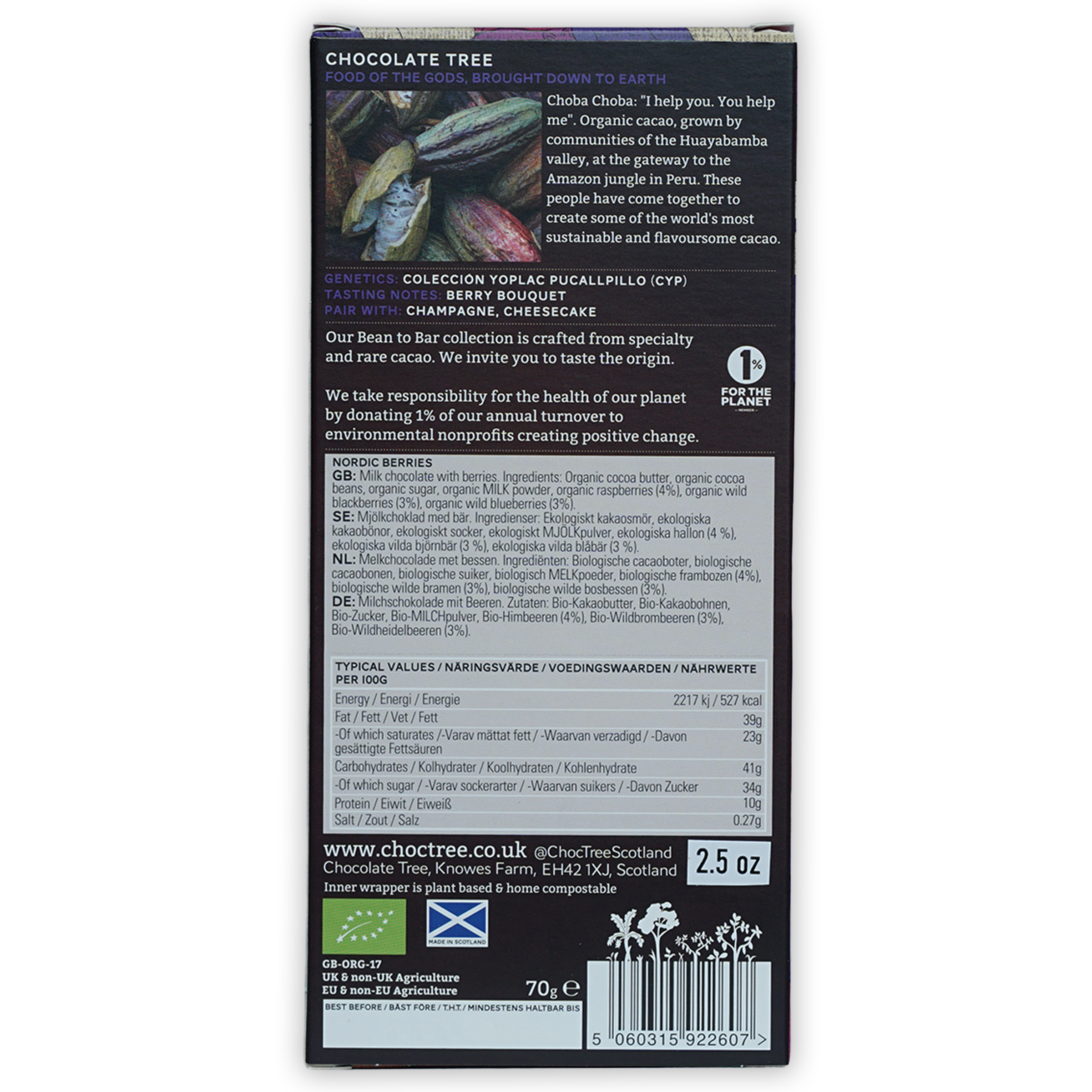Chocolate Tree Milk w/ Nordic Berries 50% dark chocolate bar packaging