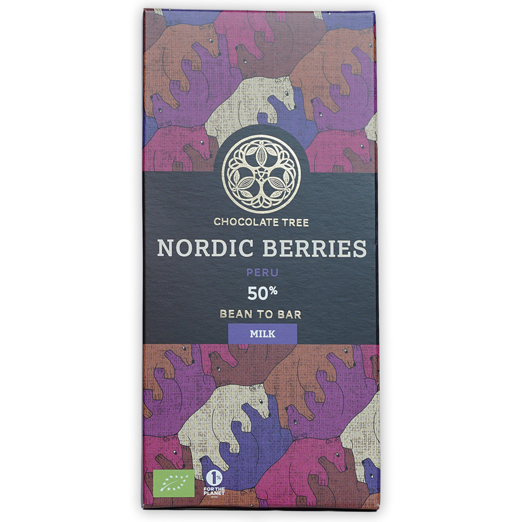 Chocolate Tree Milk w/ Nordic Berries 50% bar in bear-patterned wrapper