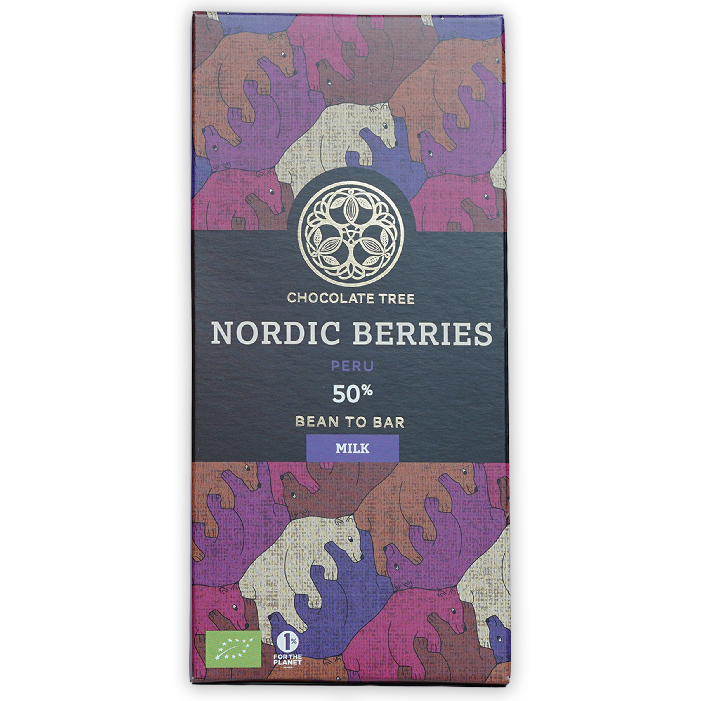 Chocolate Tree Milk w/ Nordic Berries 50% bar in bear-patterned wrapper