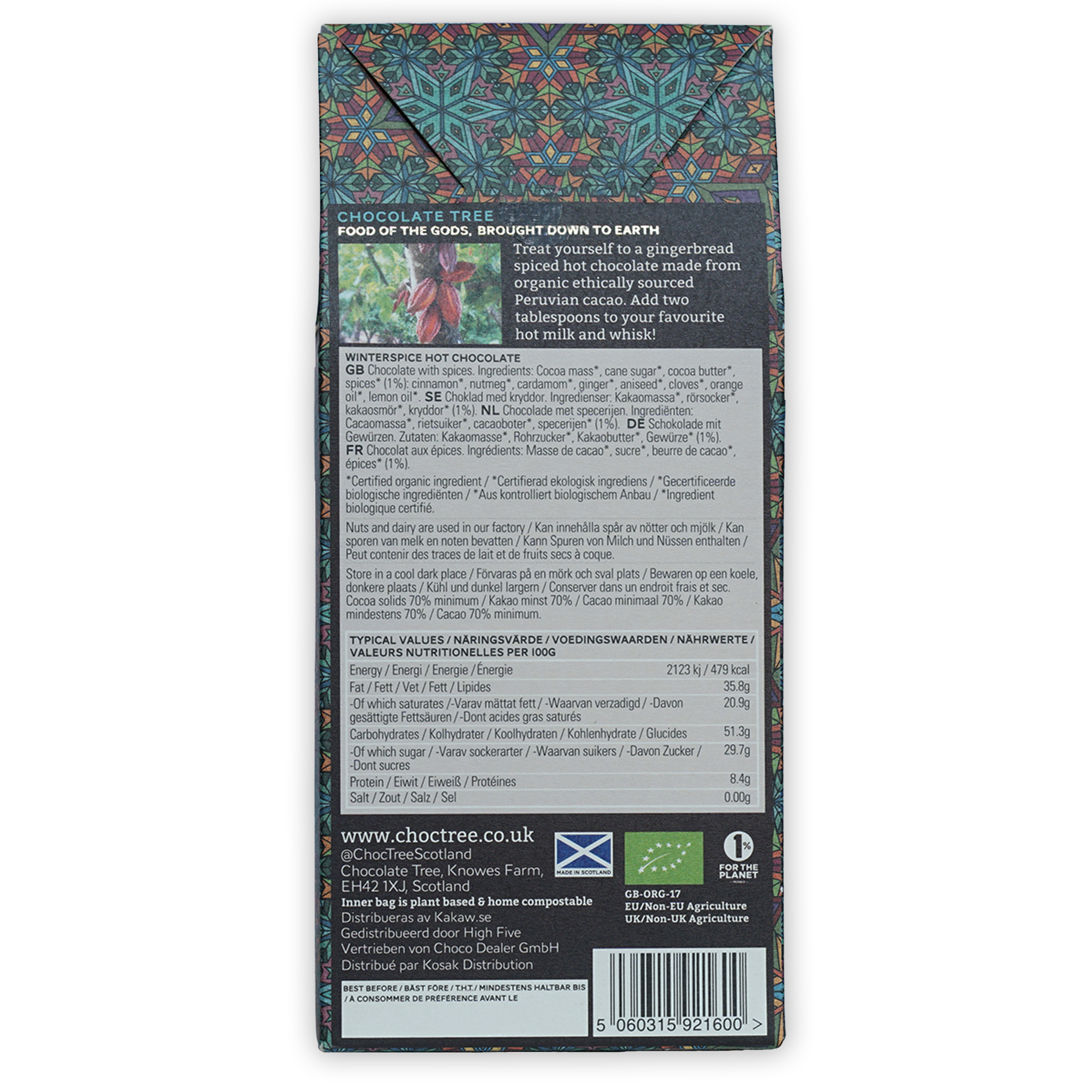 Back of Chocolate Tree Hot Chocolate Winterspice wrapper with colorful geometric patterns, ingredients and nutrition facts