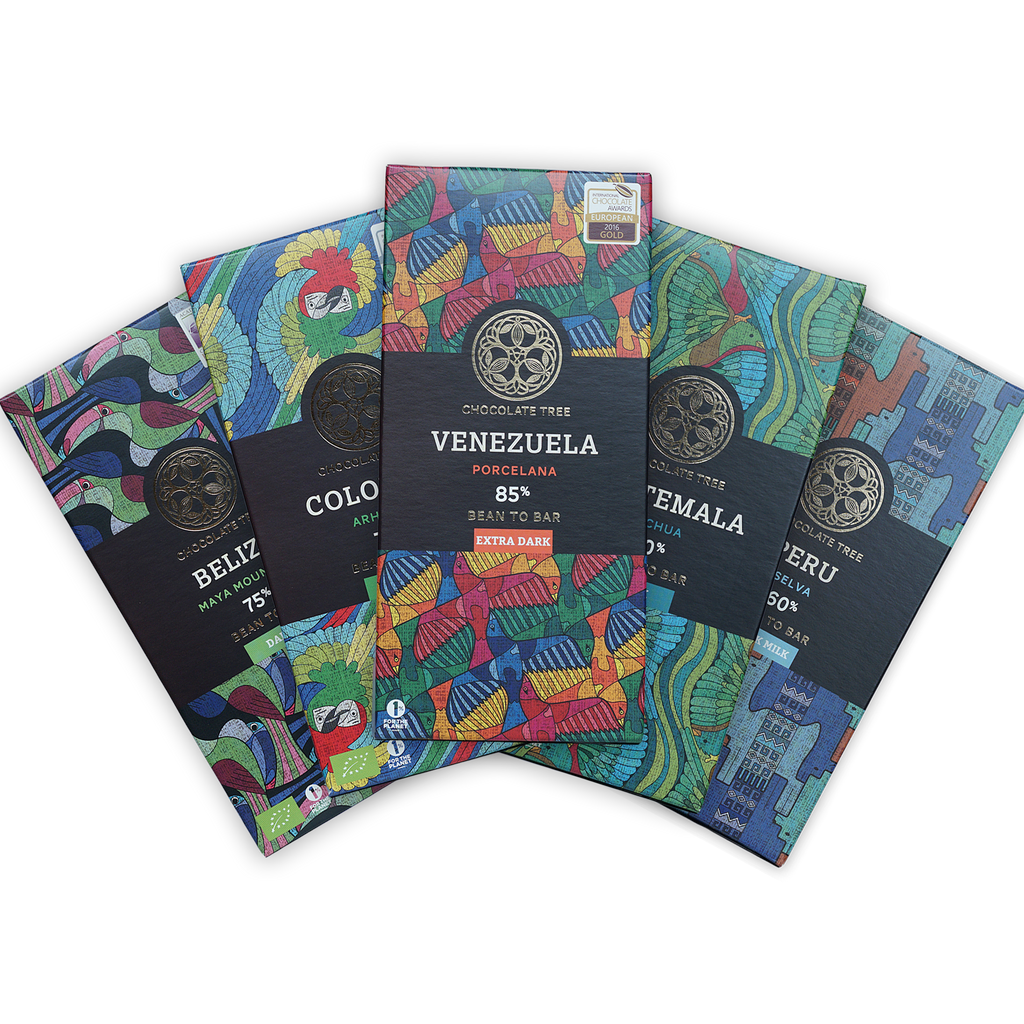 Chocolate Tree Venezuela 85% dark chocolate bar in bundle, colorful wrap