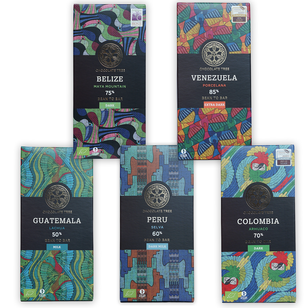 Chocolate Tree Single Origin Bars Bundle: 5 rectangular bars with colorful abstract art
