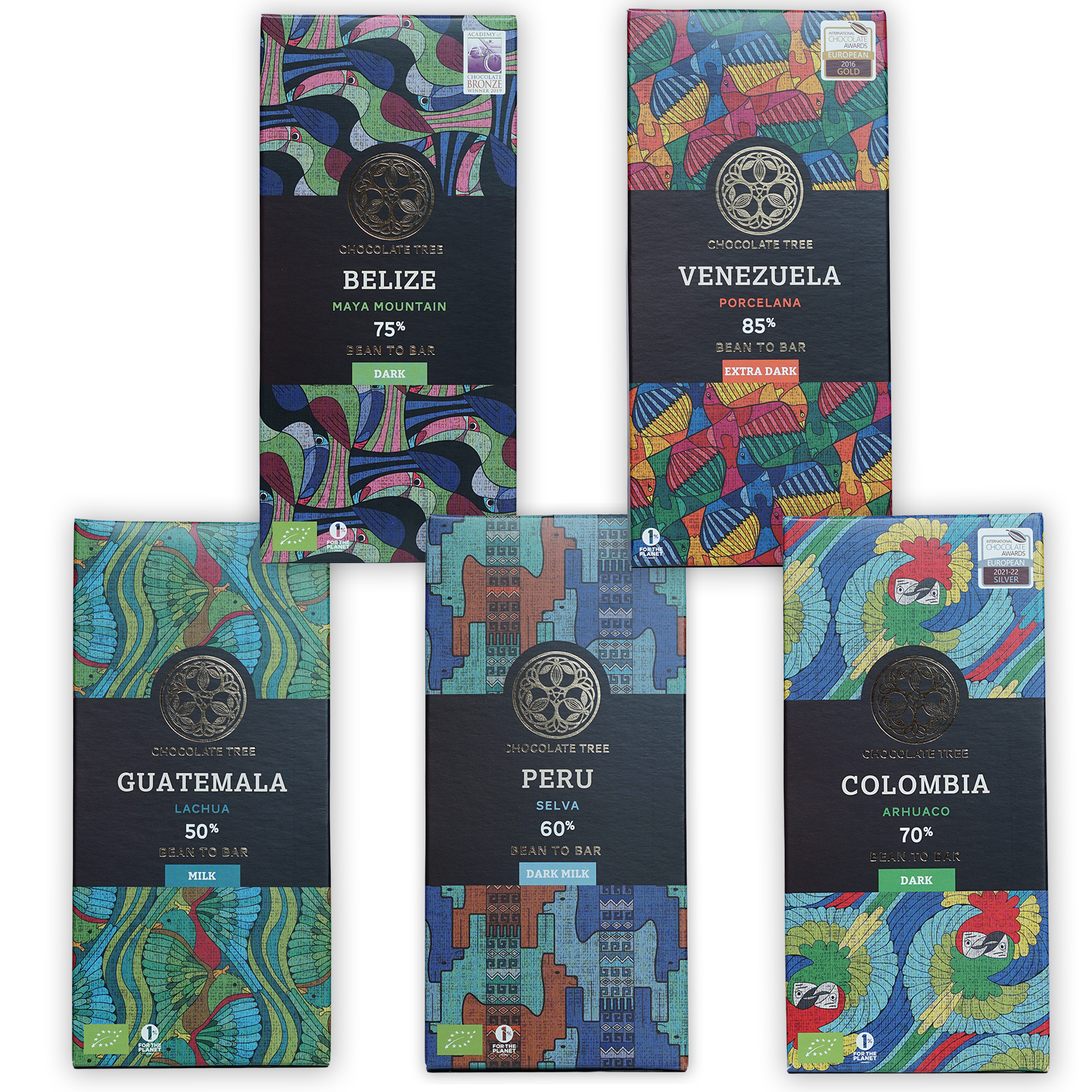 Chocolate Tree Single Origin Bars Bundle: 5 rectangular bars with colorful abstract art