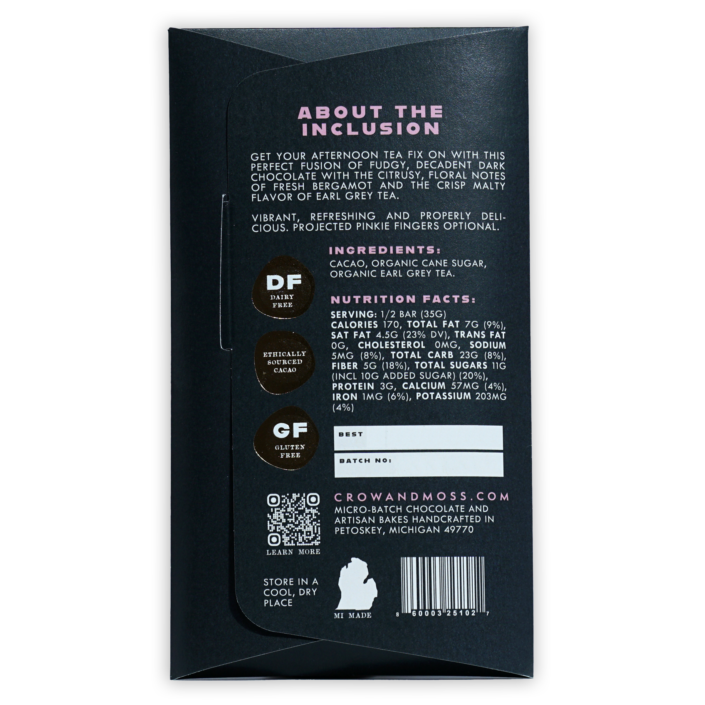 Black matte Crow & Moss Earl Grey Tea 67% dairy-free gluten-free chocolate bar