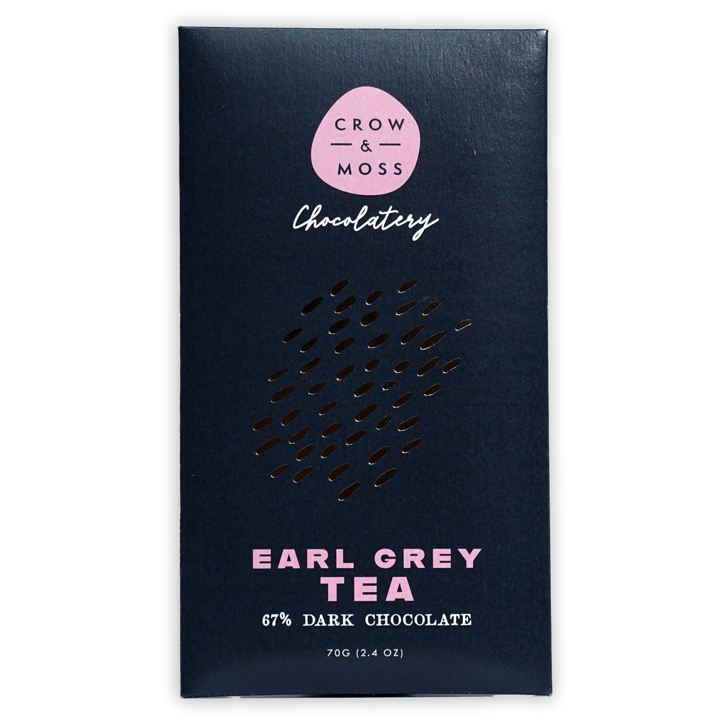 Crow & Moss Earl Grey Tea 67% navy blue wrapper with pink logo