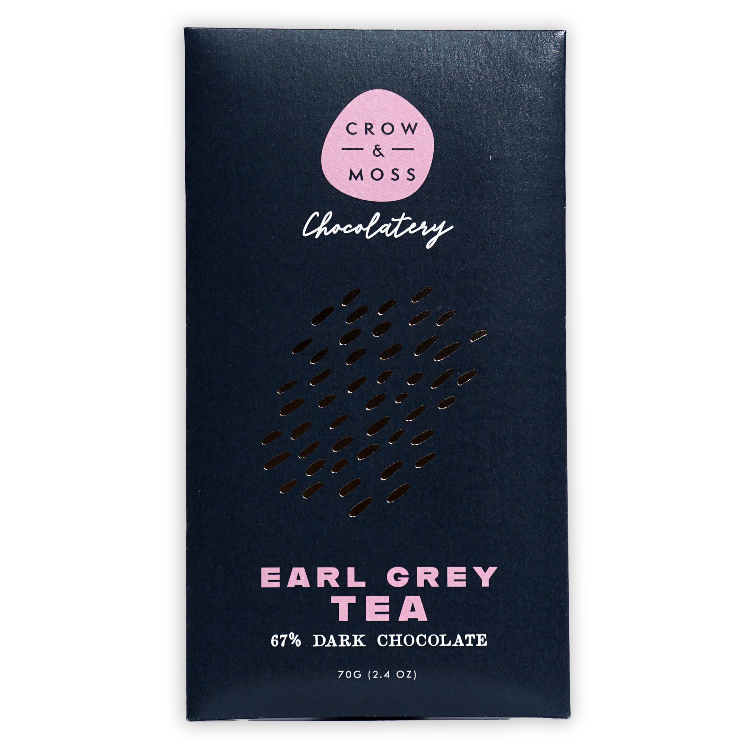 Crow & Moss Earl Grey Tea 67% navy blue wrapper with pink logo