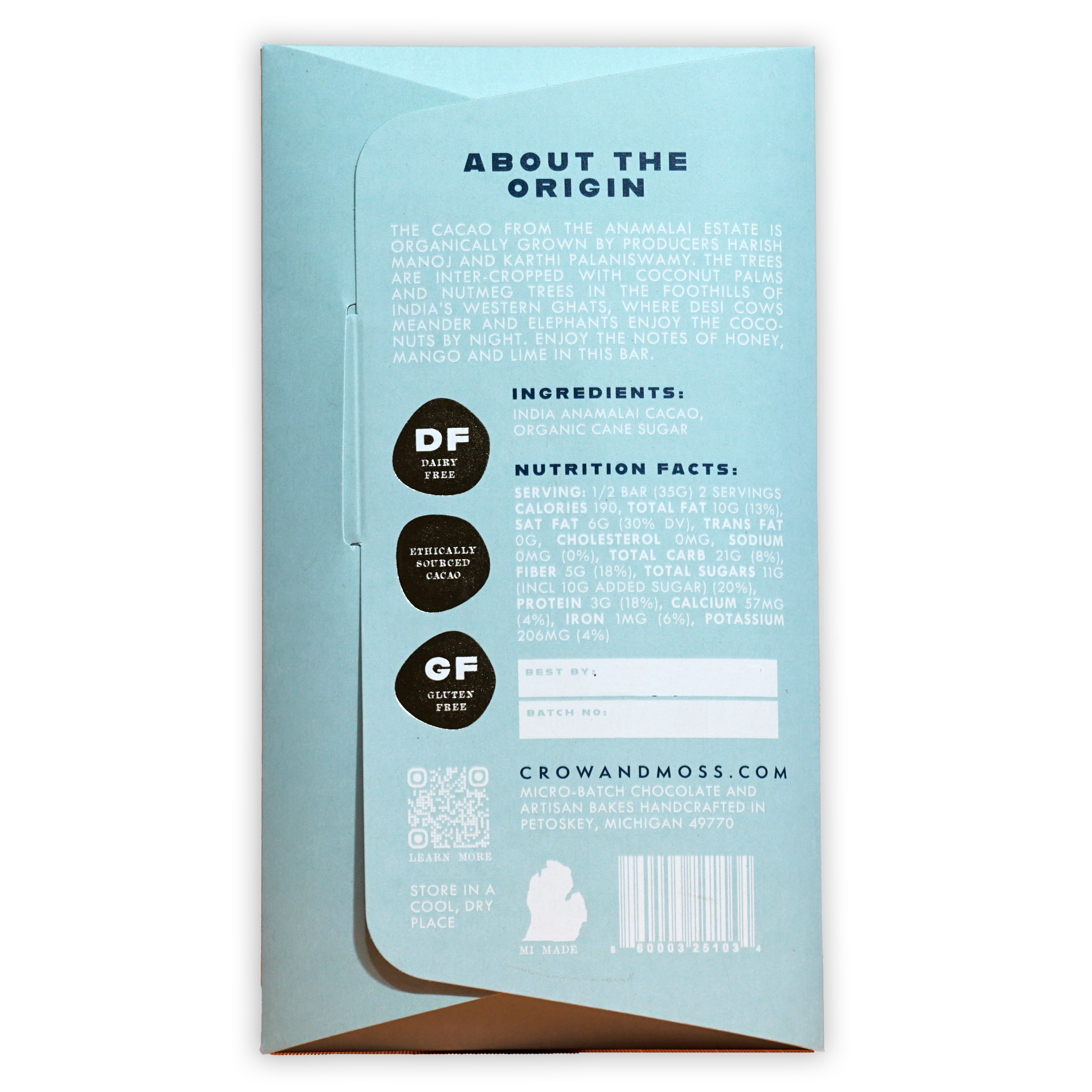 Crow & Moss India Anamalai 70% light blue dairy-free gluten-free wrapper