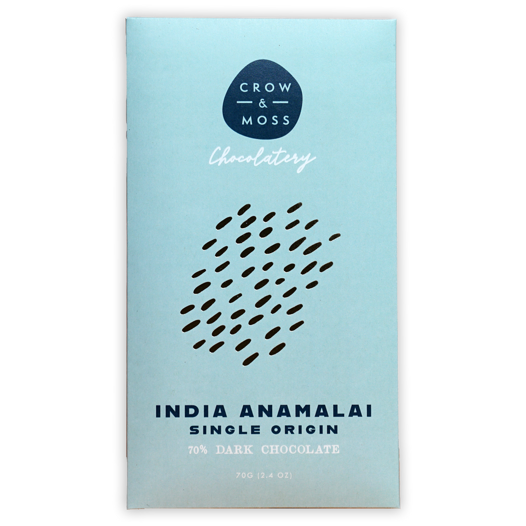 Crow & Moss India Anamalai 70% dark chocolate bar light blue wrapper
