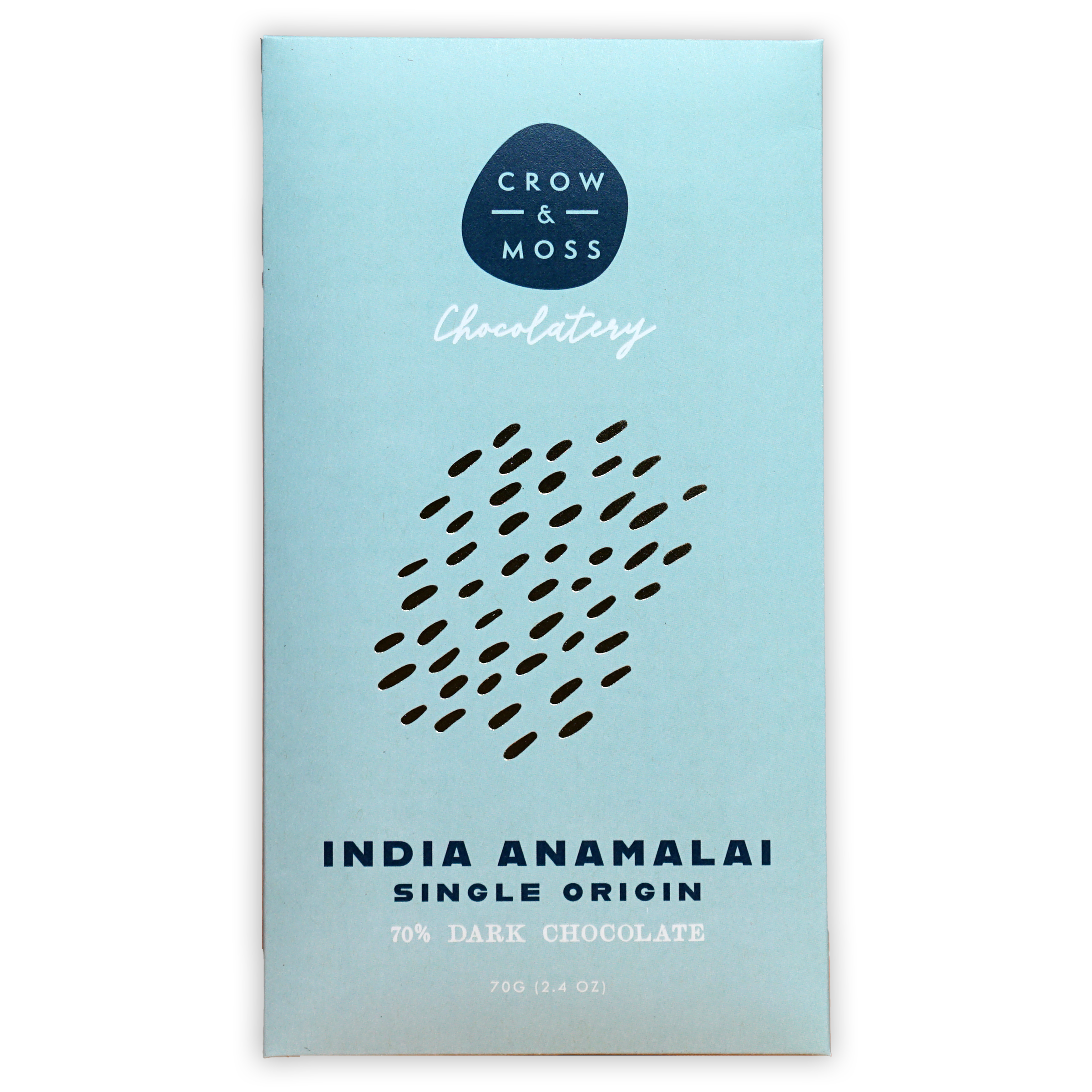 Crow & Moss India Anamalai 70% dark chocolate bar light blue wrapper
