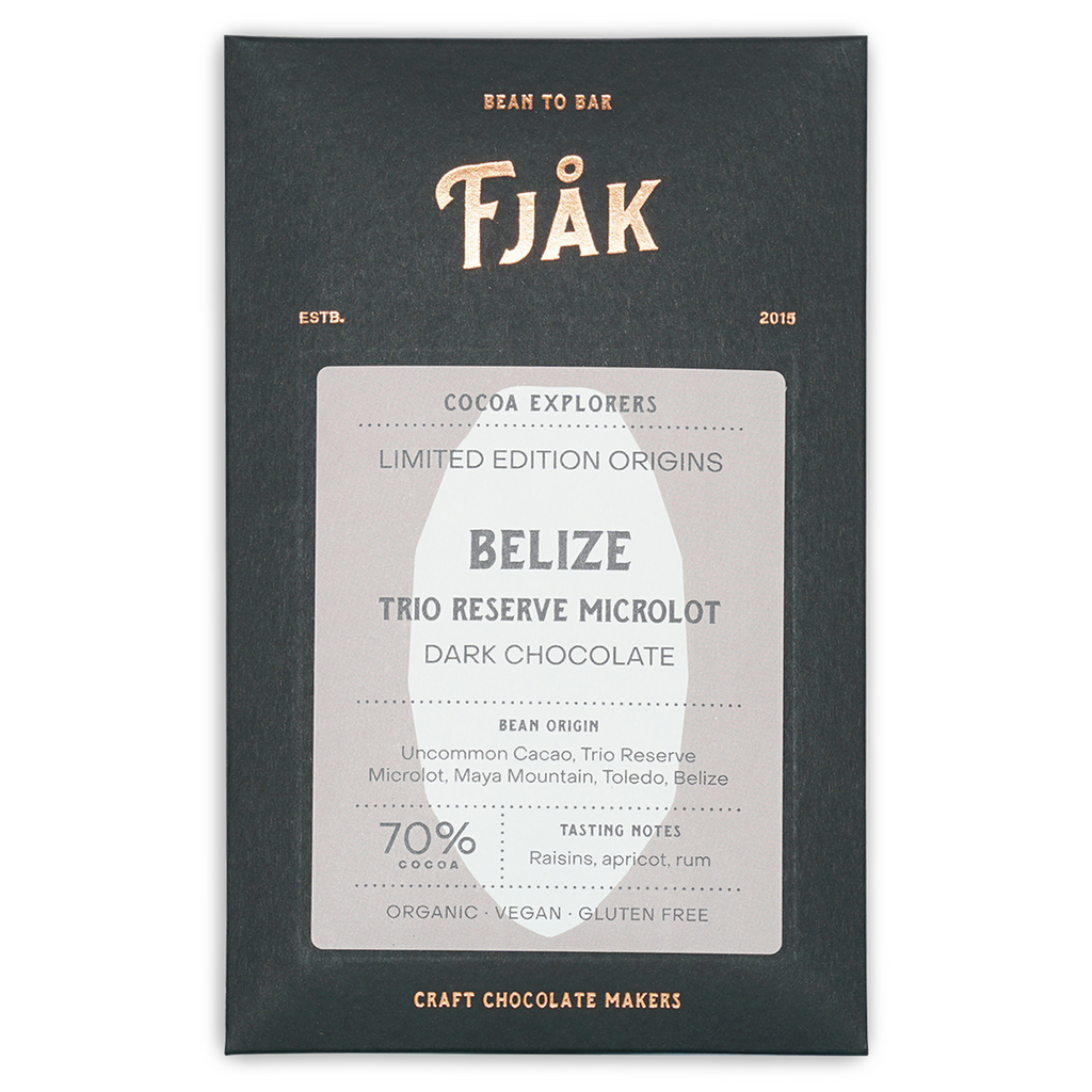 Fjåk Belize Trio Reserve microlot 70% dark chocolate bar in sleek packaging
