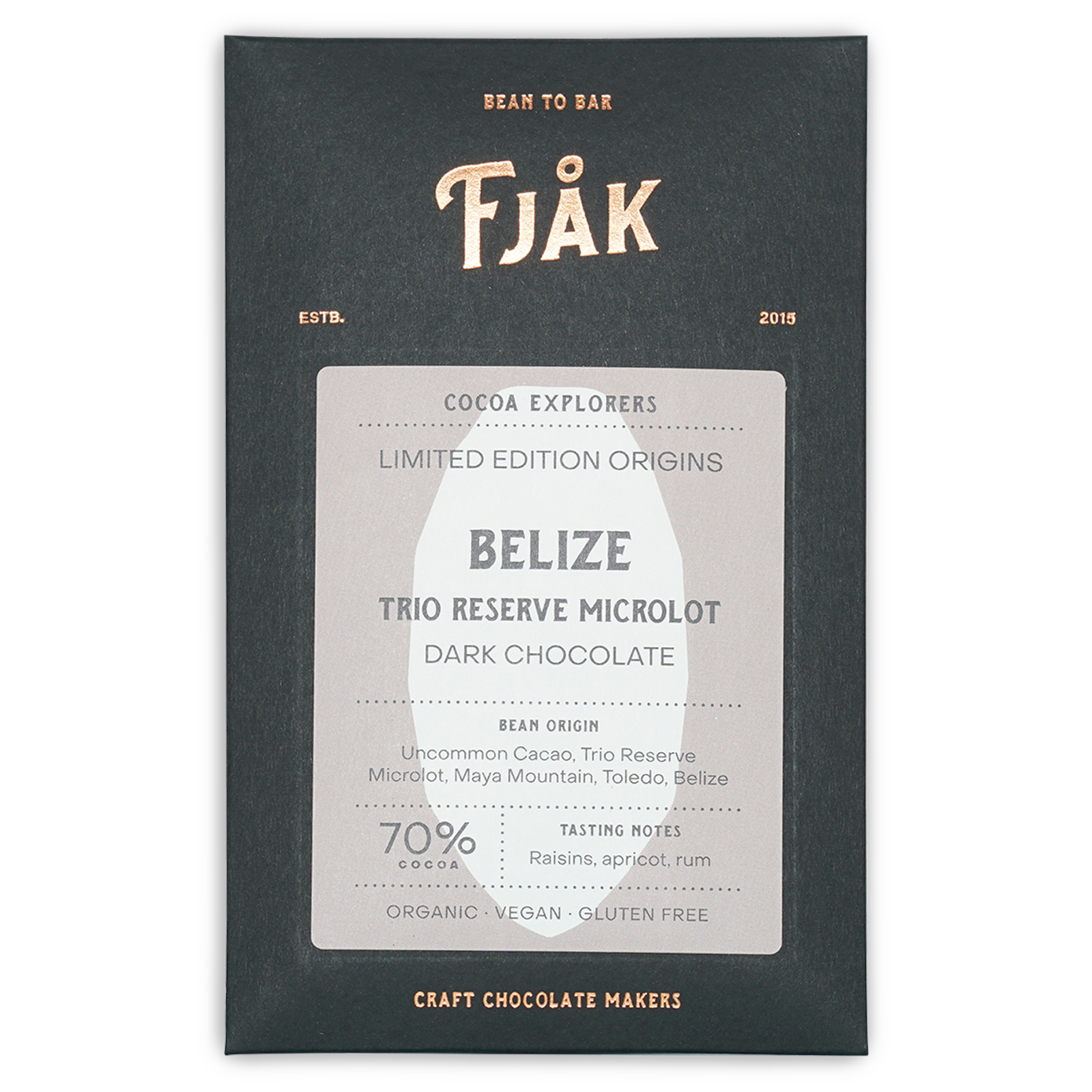 Fjåk Belize Trio Reserve microlot 70% dark chocolate bar in sleek packaging