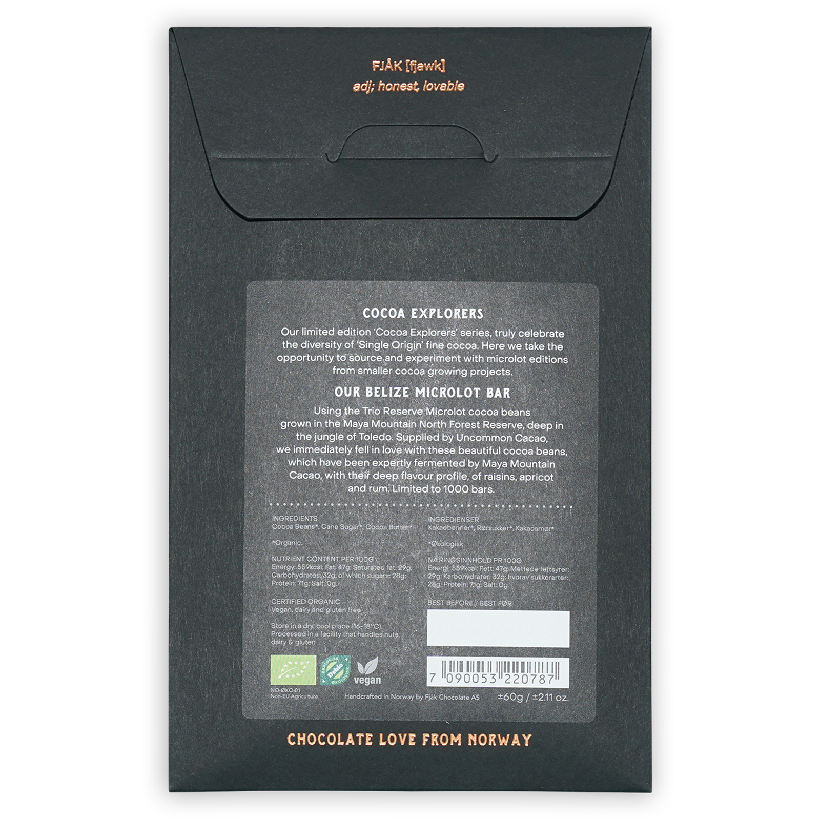 Black matte paper packaging for Fjåk Dark Belize 70% limited microlot chocolate bar