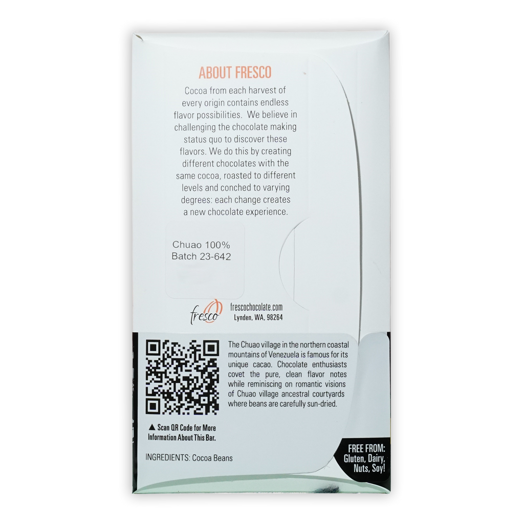 Fresco Venezuela Chuao Light Roast 100% chocolate bar wrapper with QR code