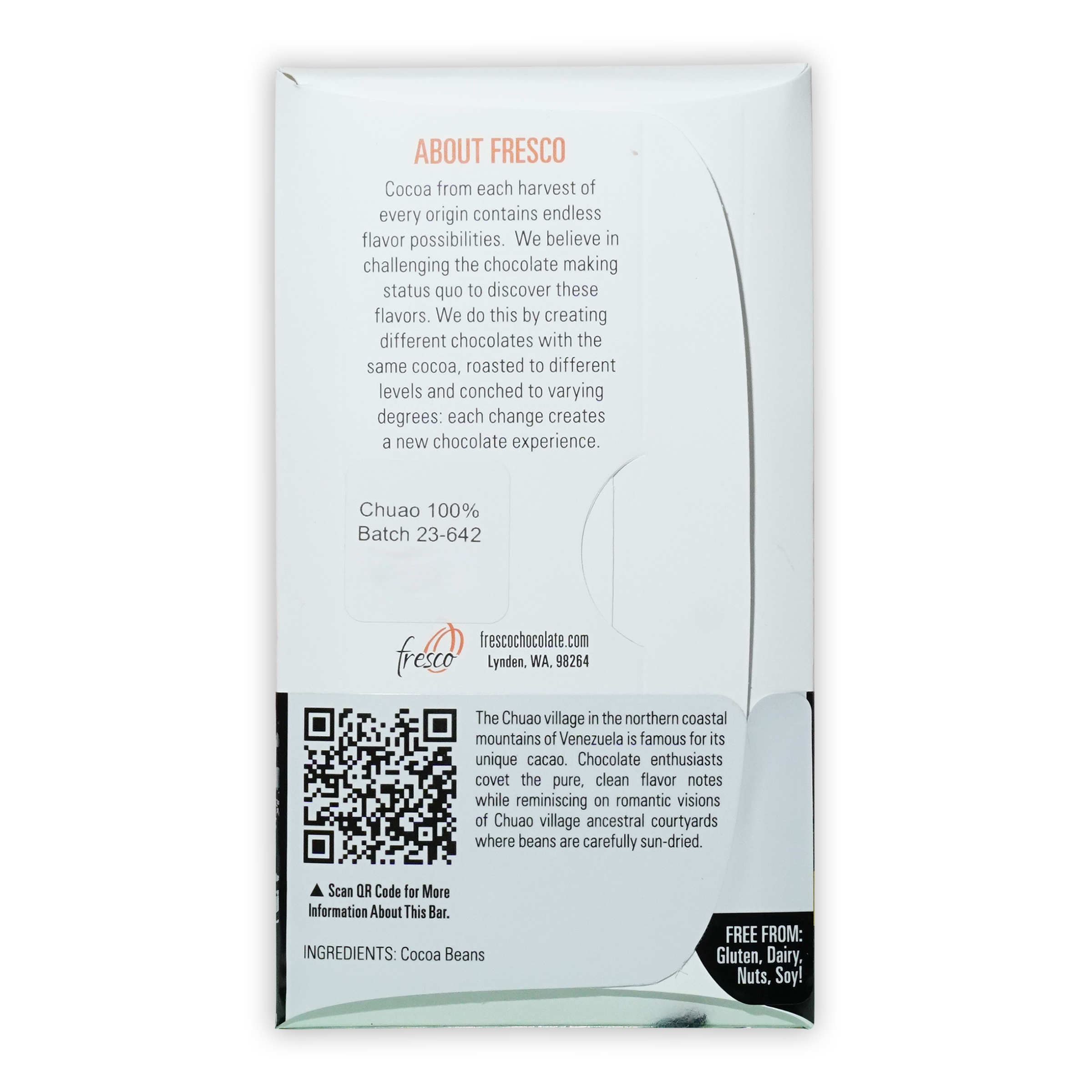 Fresco Venezuela Chuao Light Roast 100% chocolate bar wrapper with QR code