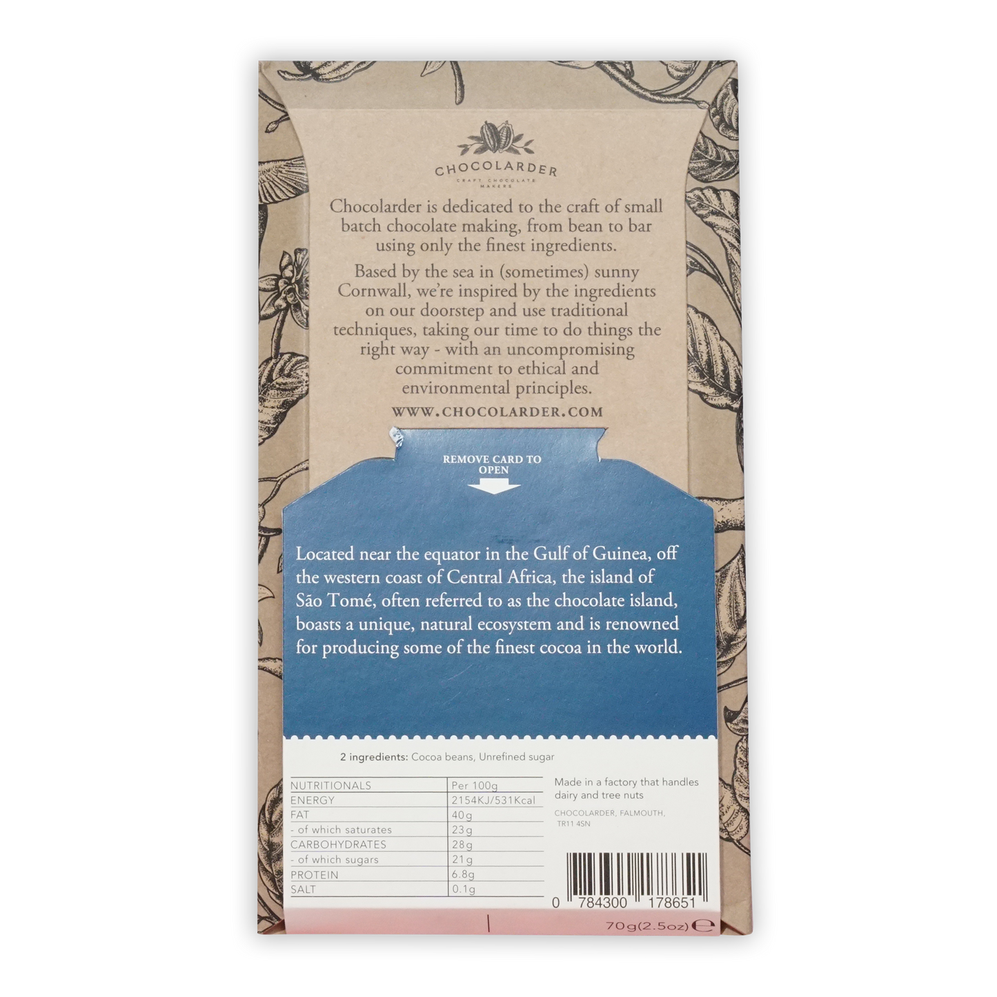 Chocolarder Ponta Figo Sao Tome 70% dark chocolate bar in beige blue wrapper