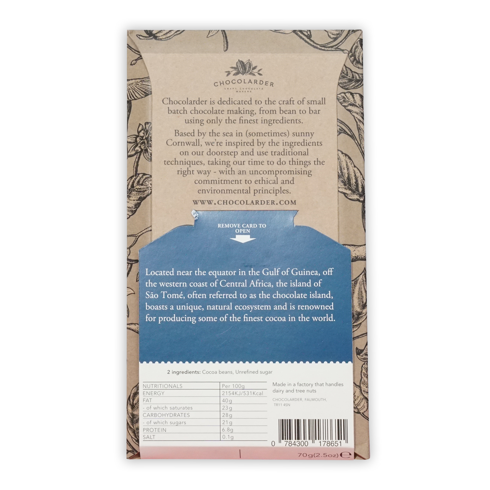 Chocolarder Ponta Figo Sao Tome 70% dark chocolate bar in beige blue wrapper
