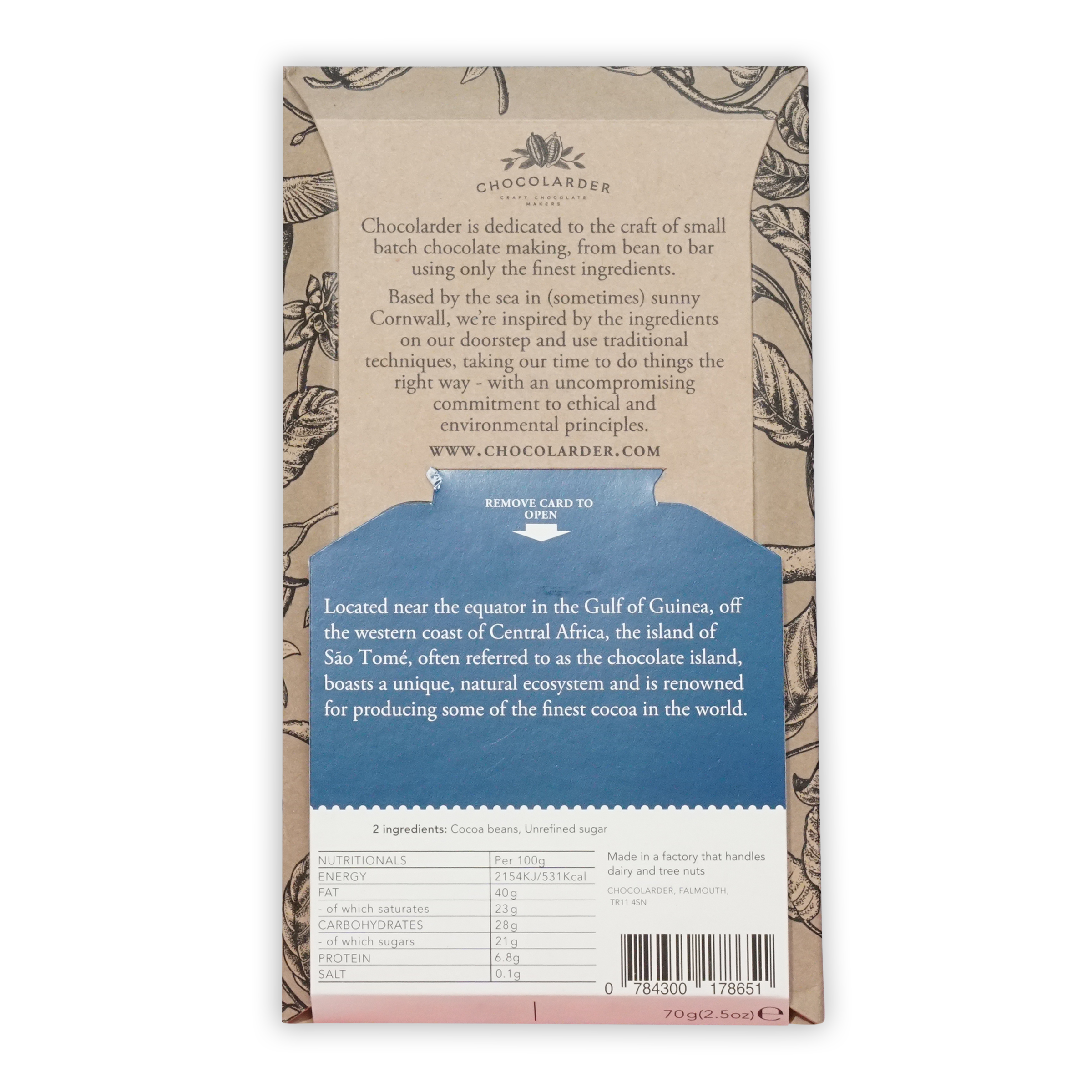 Chocolarder Ponta Figo Sao Tome 70% dark chocolate bar in beige blue wrapper