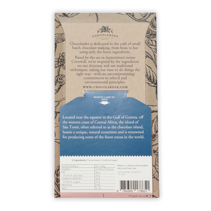 Chocolarder Ponta Figo Sao Tome 70% dark chocolate bar in beige blue wrapper