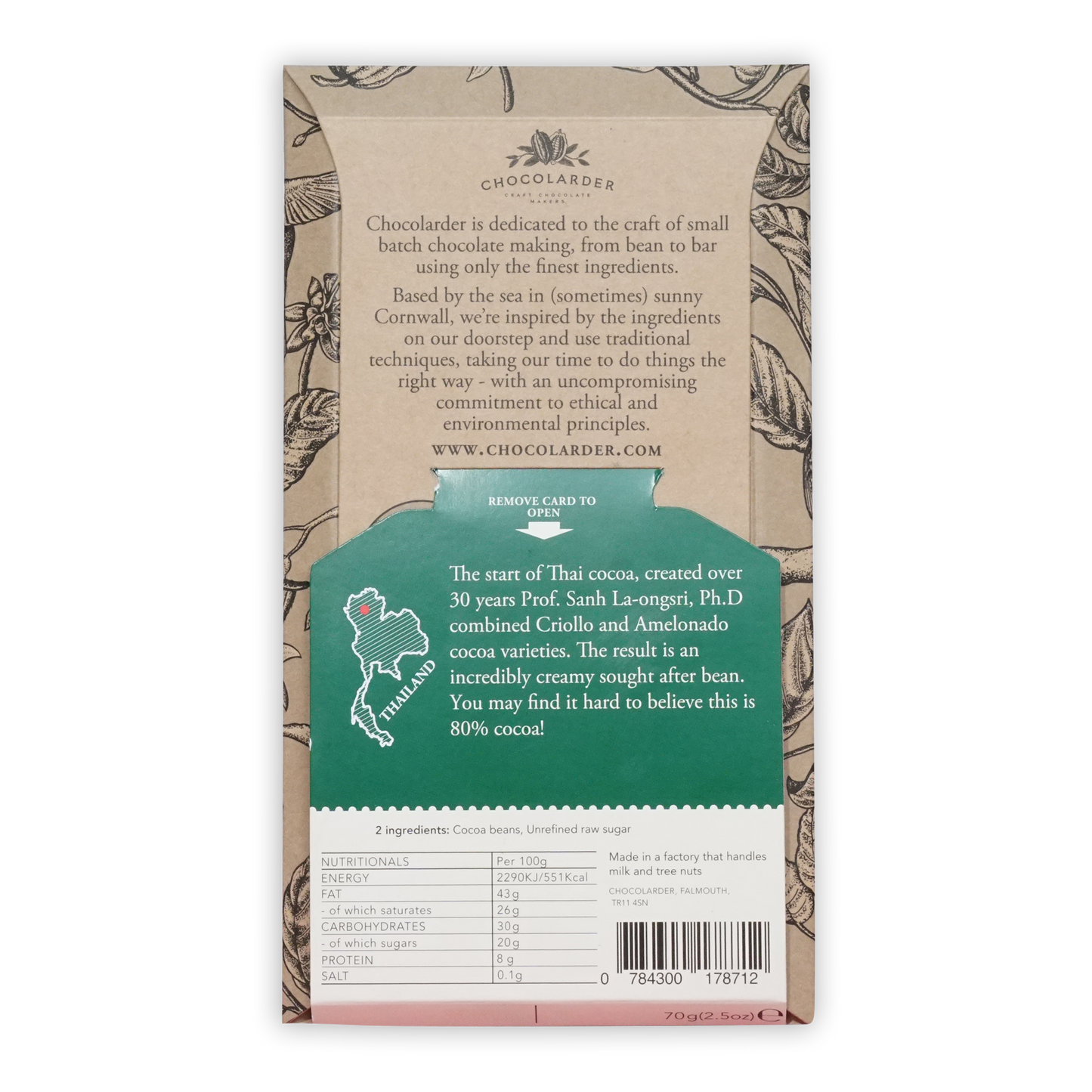 Chocolarder Dark Doi Pui Thailand 80% chocolate bar with botanical wrapper