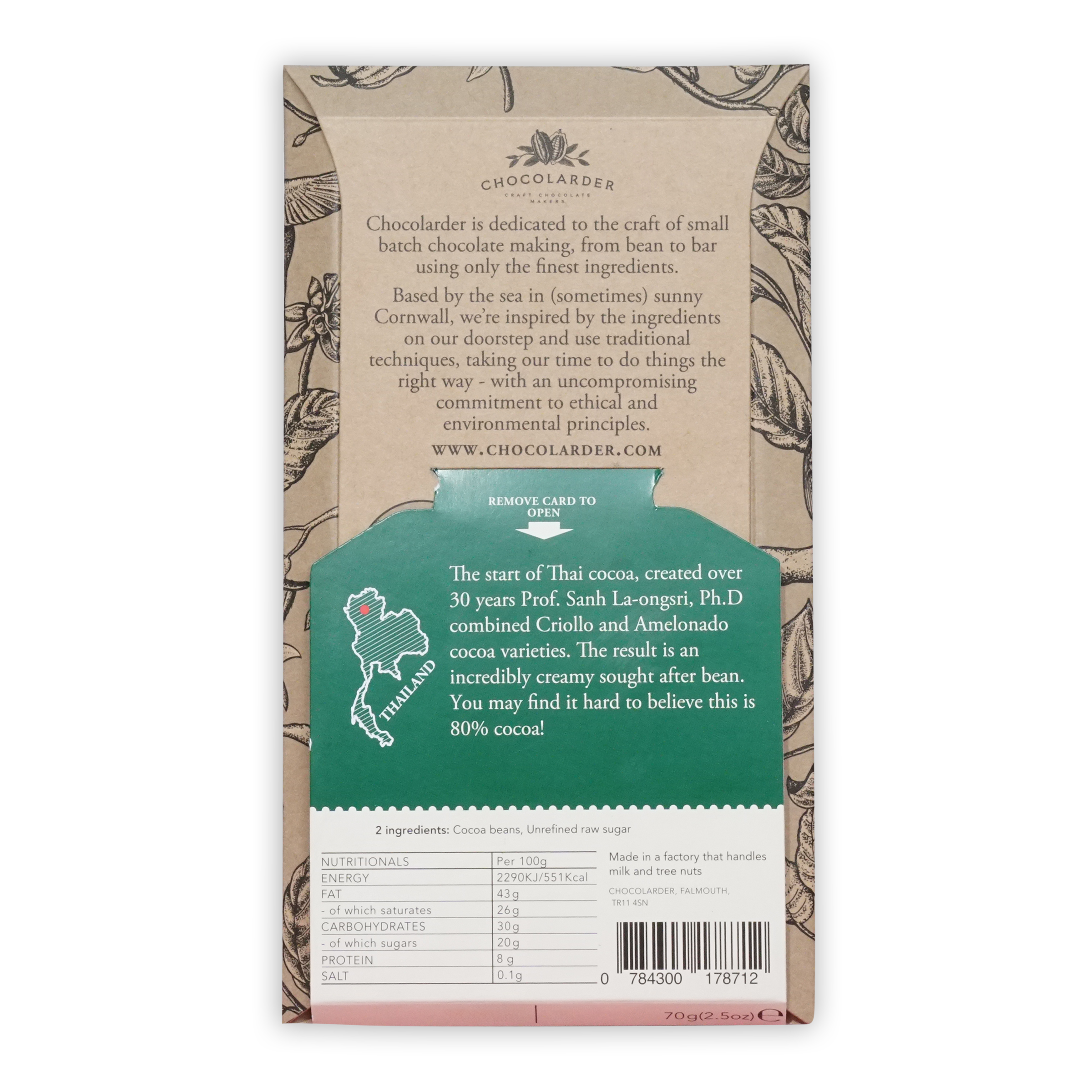 Chocolarder Dark Doi Pui Thailand 80% chocolate bar with botanical wrapper