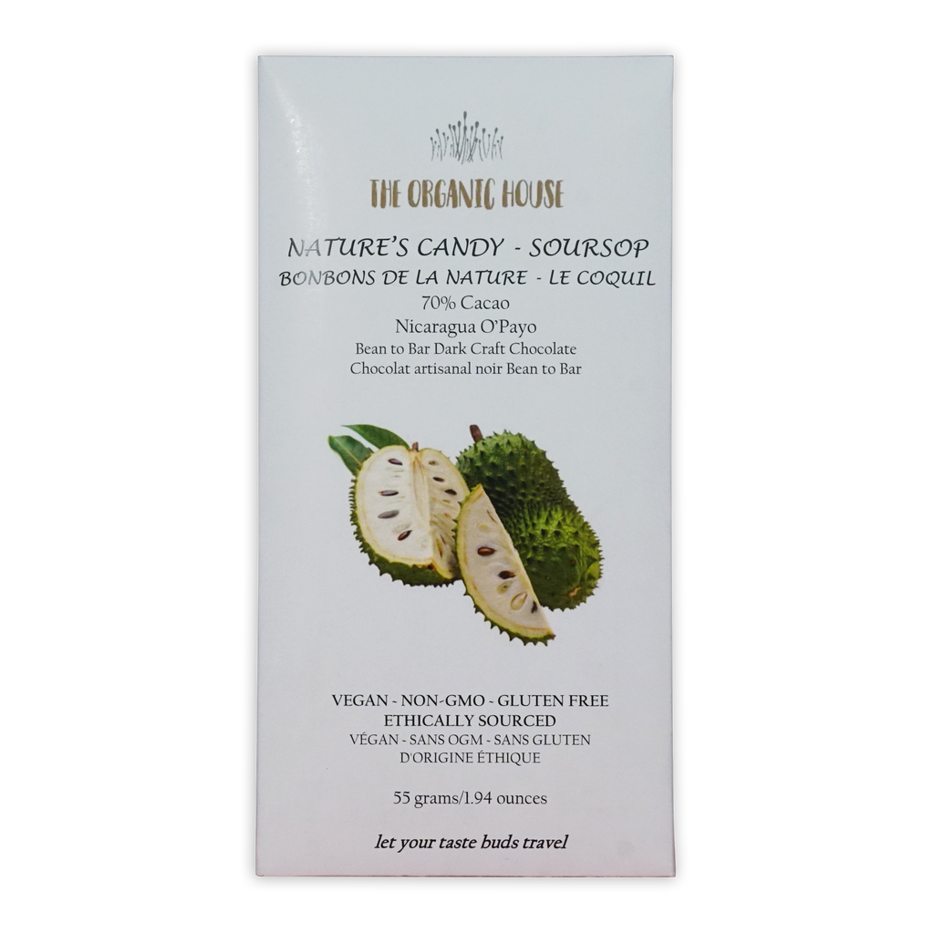 The organic house nature’s candy soursop dark 70% chocolate bar with white wrapper featuring green and black soursop imagery