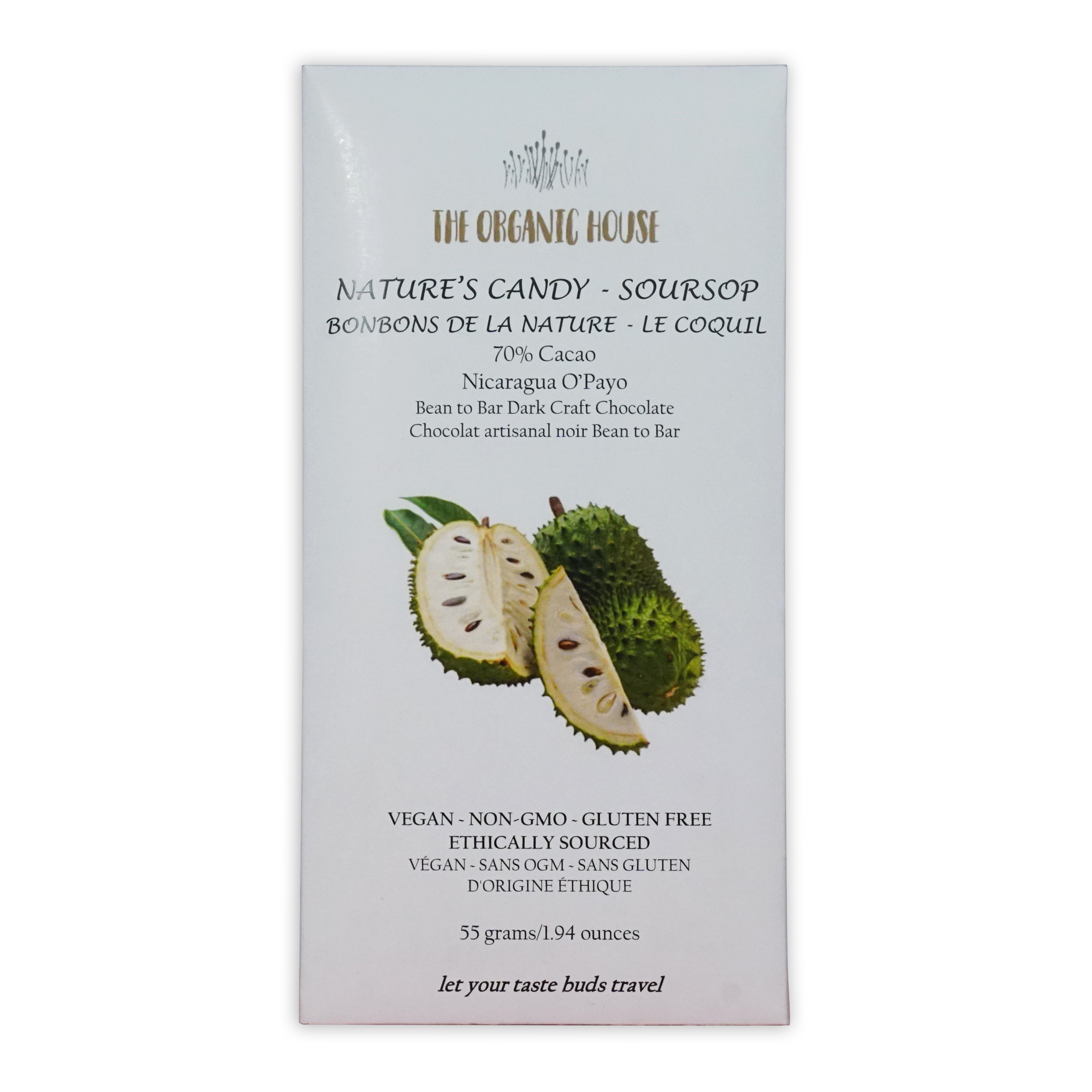 The organic house nature’s candy soursop dark 70% chocolate bar with white wrapper featuring green and black soursop imagery