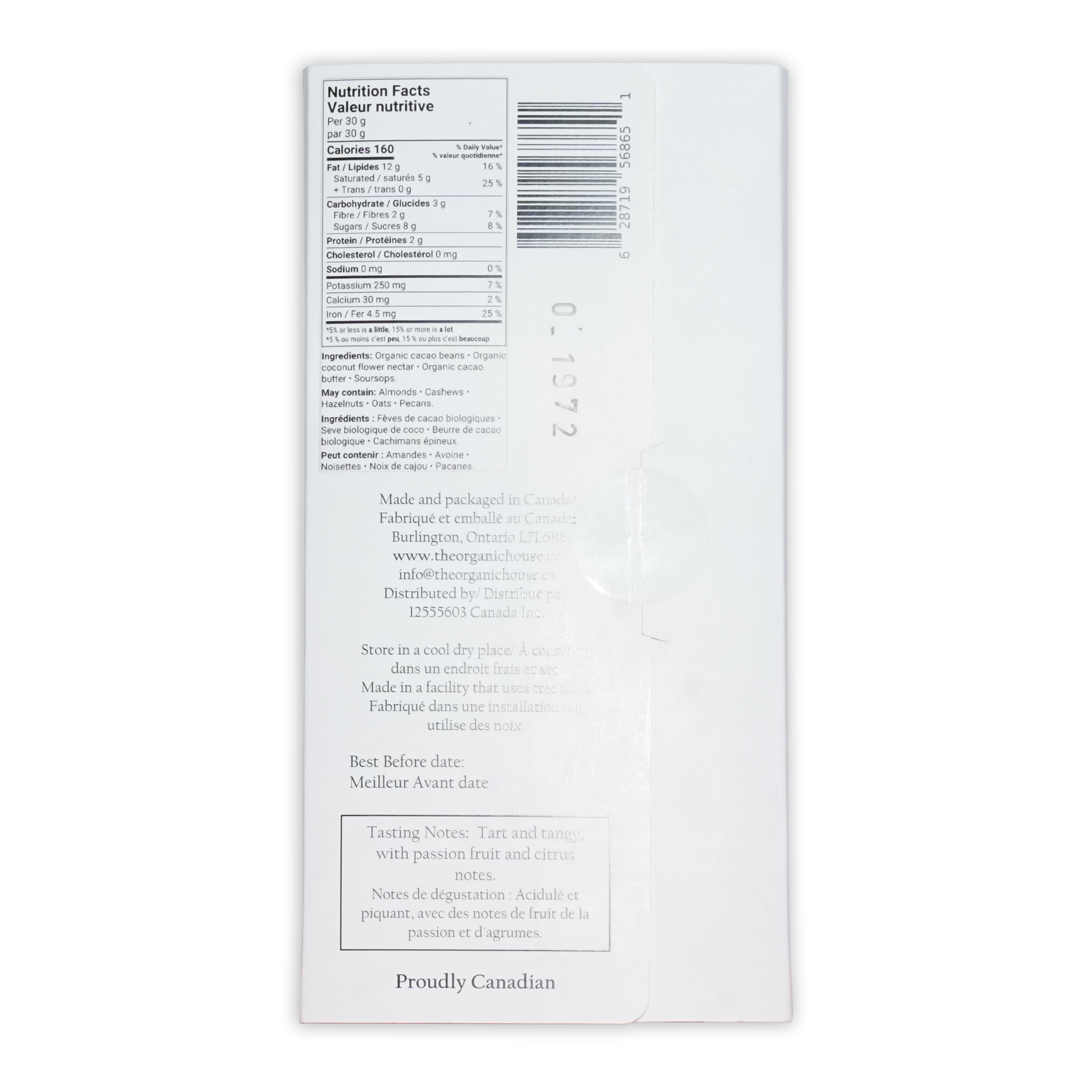 White rectangular package of the organic house nature’s candy soursop dark 70% cacao bars back with nutrition and ingredients