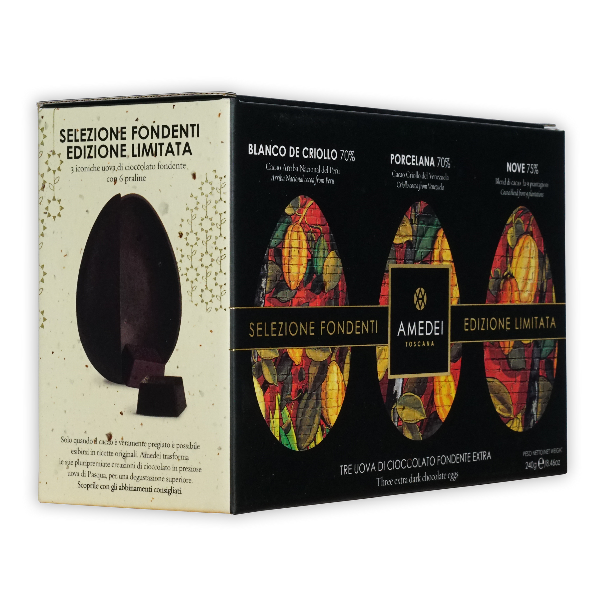 Amedei Easter Eggs Dark Trio limited edition black cream box with stained-glass chocolate eggs