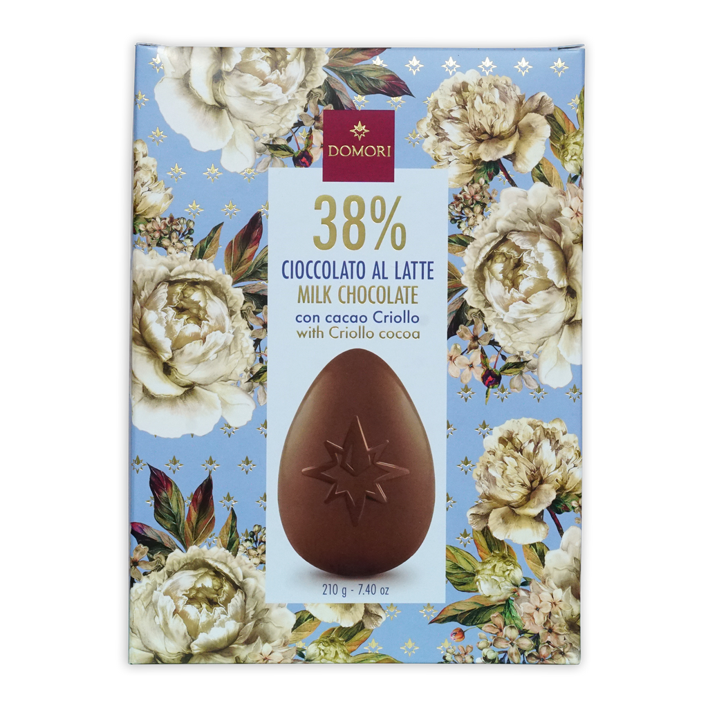 Domori Easter Egg milk chocolate features a brown egg with star imprint in an ornate floral box for seasonal gifting