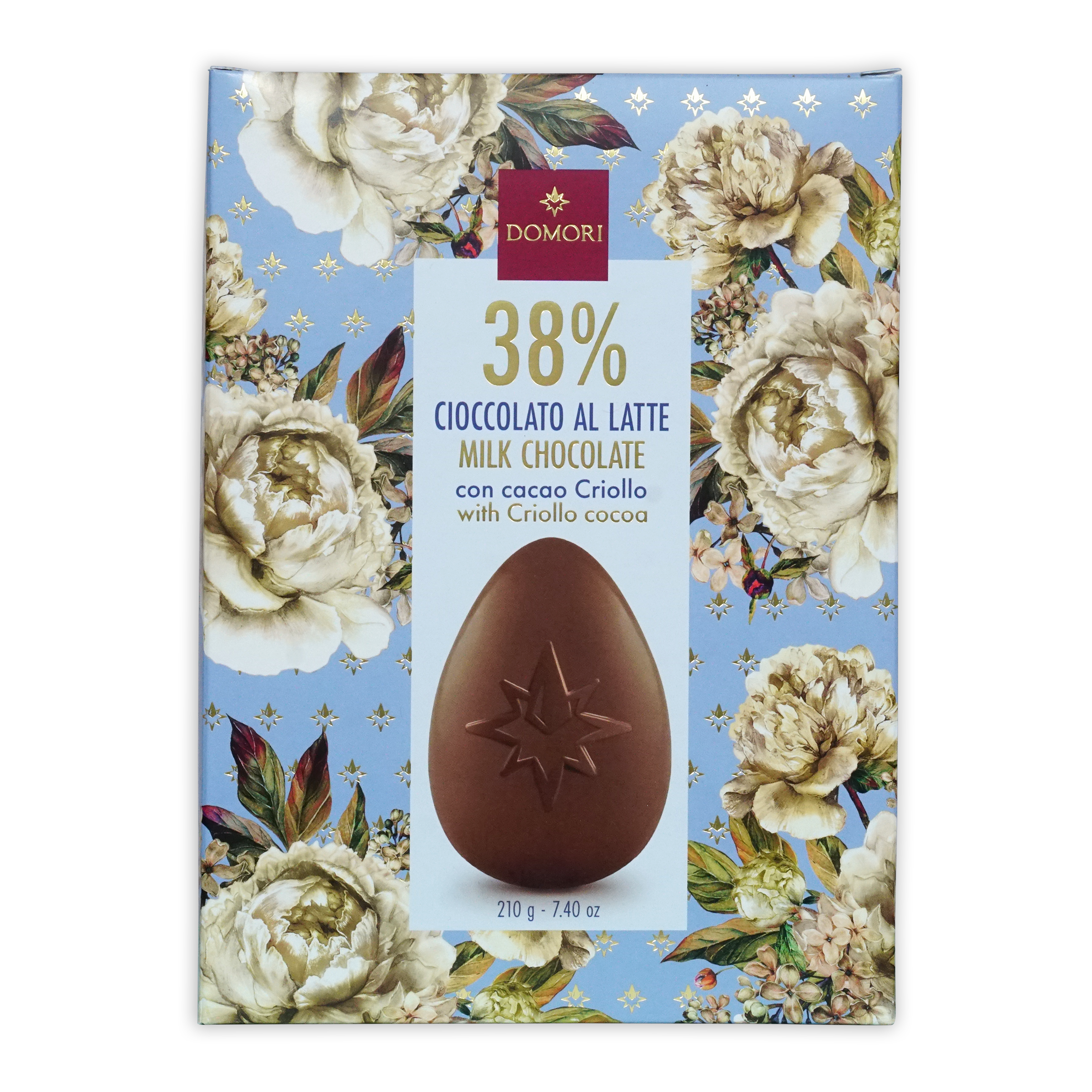 Domori Easter Egg milk chocolate features a brown egg with star imprint in an ornate floral box for seasonal gifting